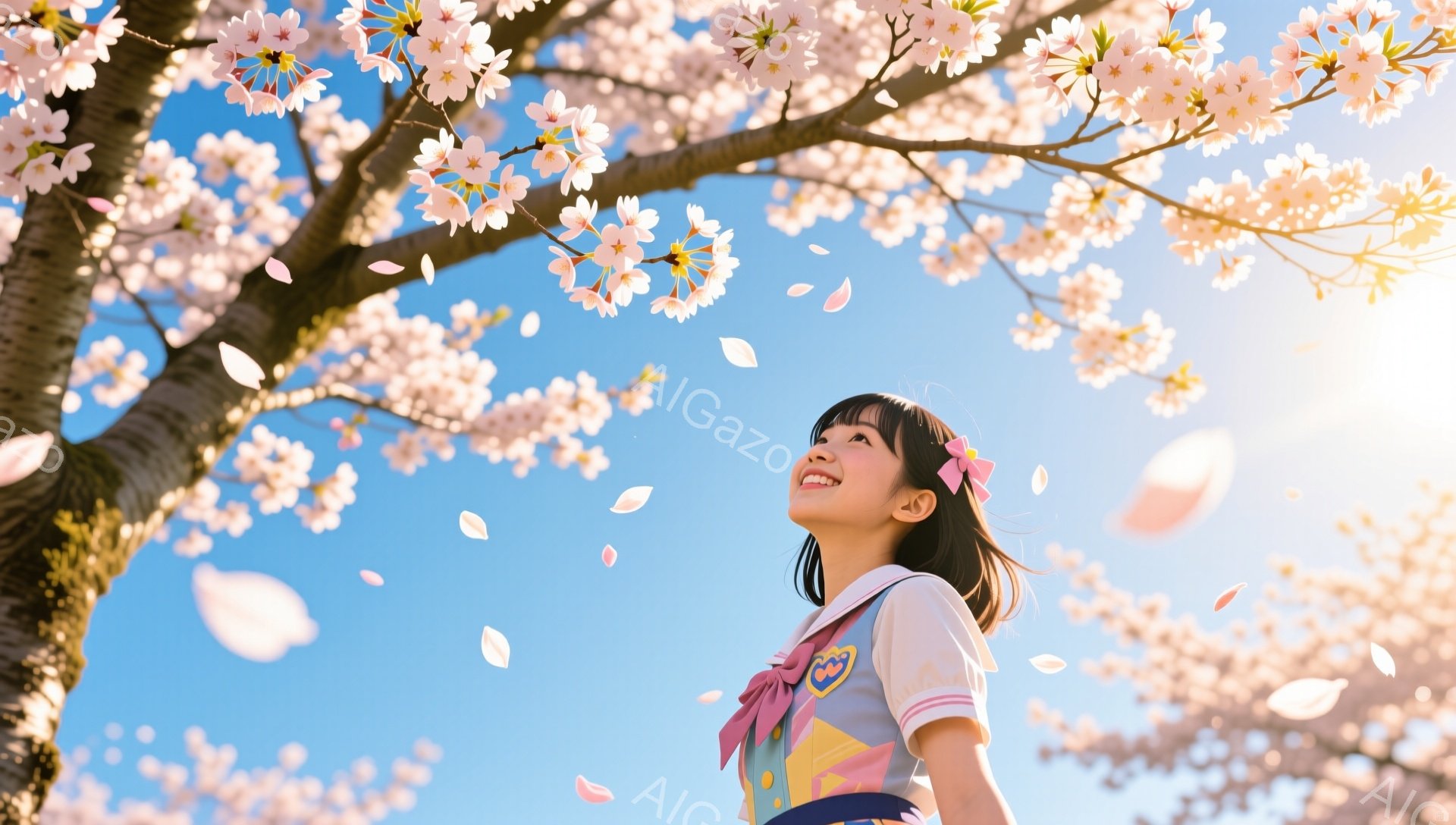 少女は桜の木の下で空を見上げています。彼女はピンクの髪飾りと、水色のラインが入った黄色いベスト、白いシャツ、そして腰にリボンが付いたスカートを身に着けており、笑顔で少し上を向いています。背景には、満開 - AI生成フリー素材