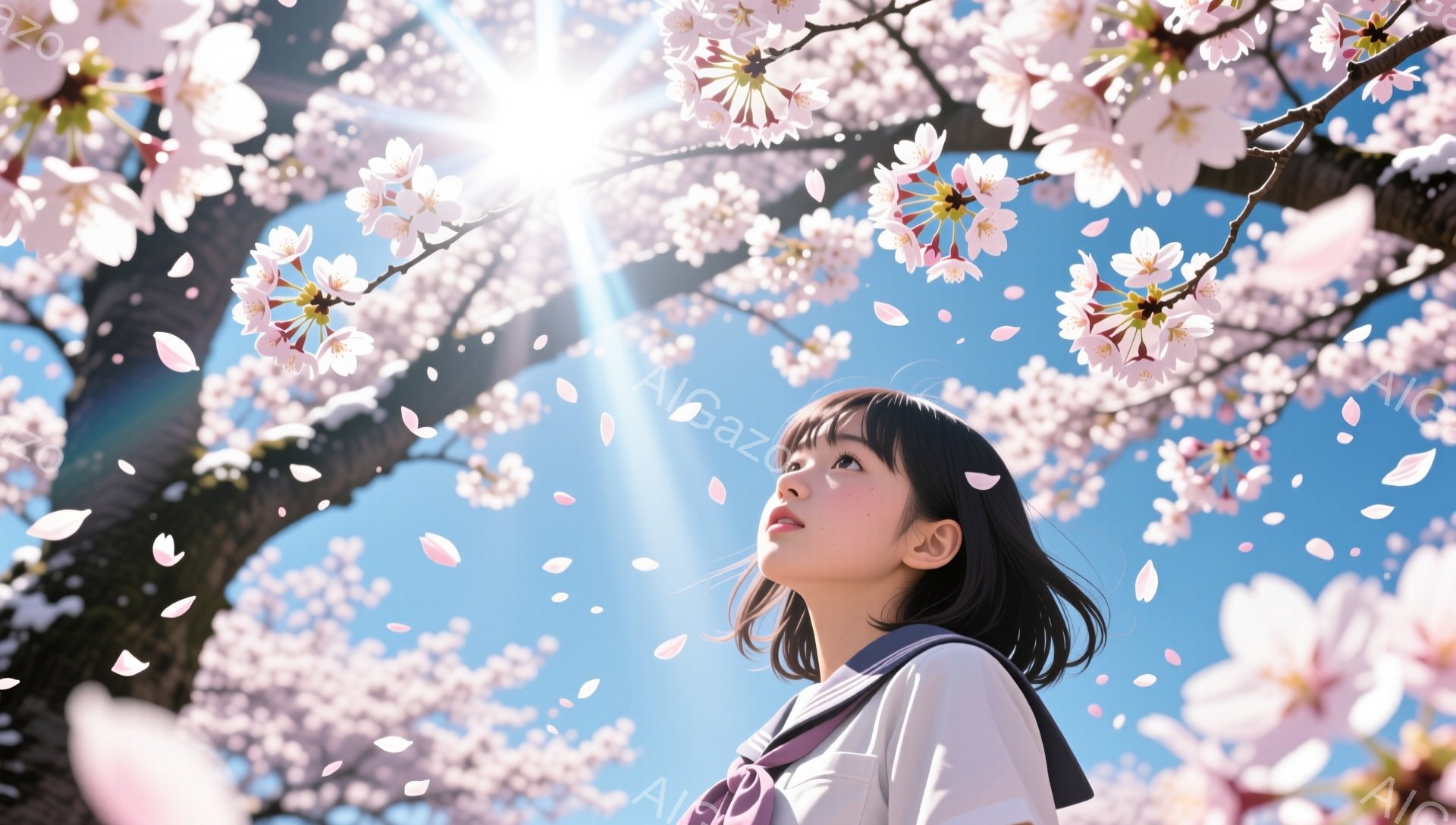黒髪のショートヘアの女性が、桜並木の真下で空を見上げている。白いシャツに濃い色のリボンとブレザーを着ており、制服姿であることがわかる。背景には、満開の桜が咲き乱れ、青空に舞い散る花びらが春の暖かさと希 - AI生成フリー素材
