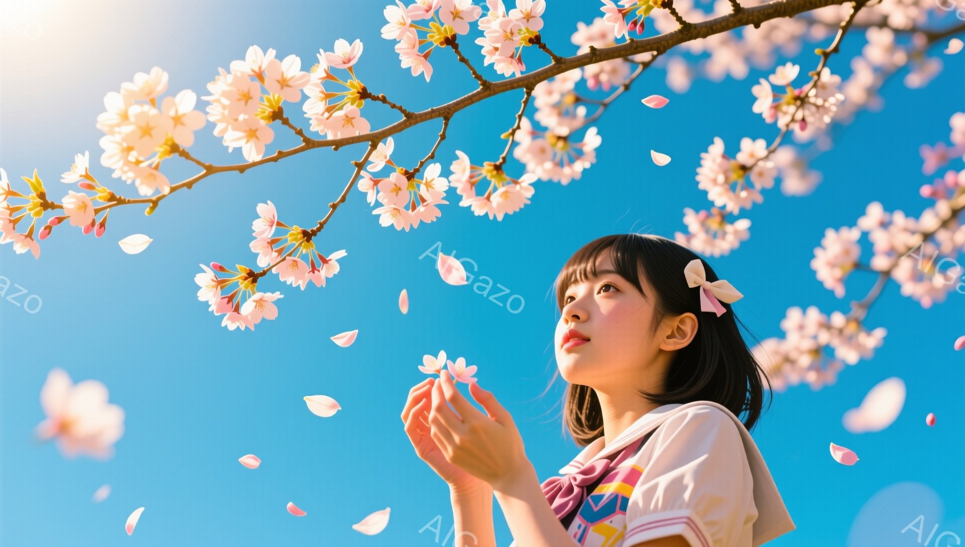 紺碧の空を背景に、桜の花びらが舞い散る中で、少女が手を広げて花びらを捉えようとしている。彼女は黒髪で、前髪に分け目があり、リボンで結ばれている。制服姿で、顔色は明るく、少し上を見上げて穏やかな表情を浮 - AI生成フリー素材