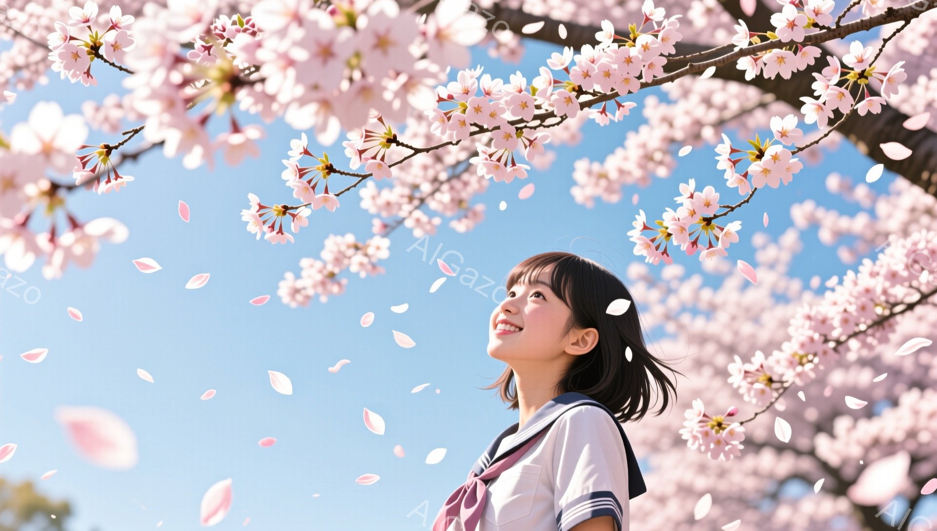 黒髪ショートボブの女性が、桜の花びらが舞う中、空を見上げて微笑んでいます。紺色のセーラー服を着ており、背景には満開の桜並木と青空が広がっています。春の暖かく、希望に満ちた雰囲気が伝わってきます。