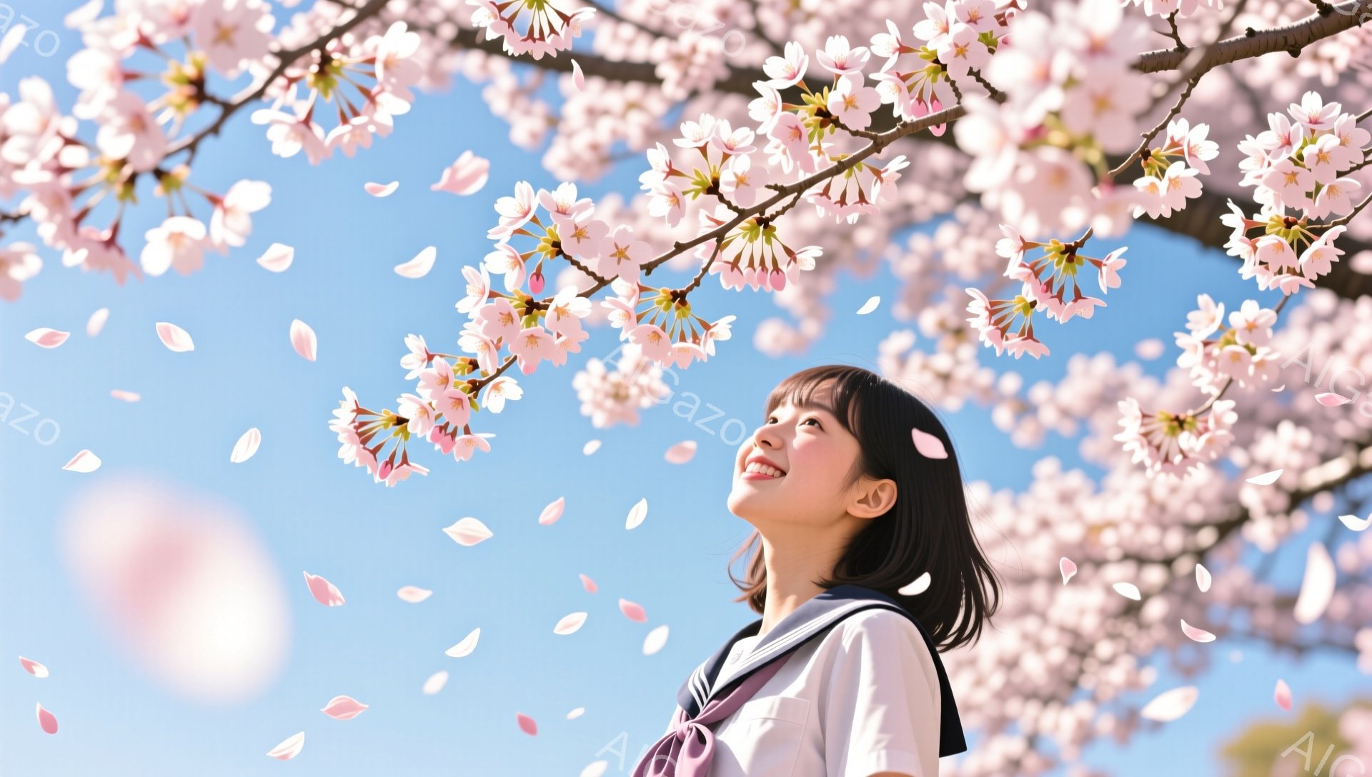 短い黒髪に揃えた女性が、桜の花びらが舞う中で空を見上げて微笑んでいます。紺色のセーラー服を着ており、背景には満開の桜並木と青空が広がっています。春の暖かさと希望に満ちた、穏やかな雰囲気の写真です。