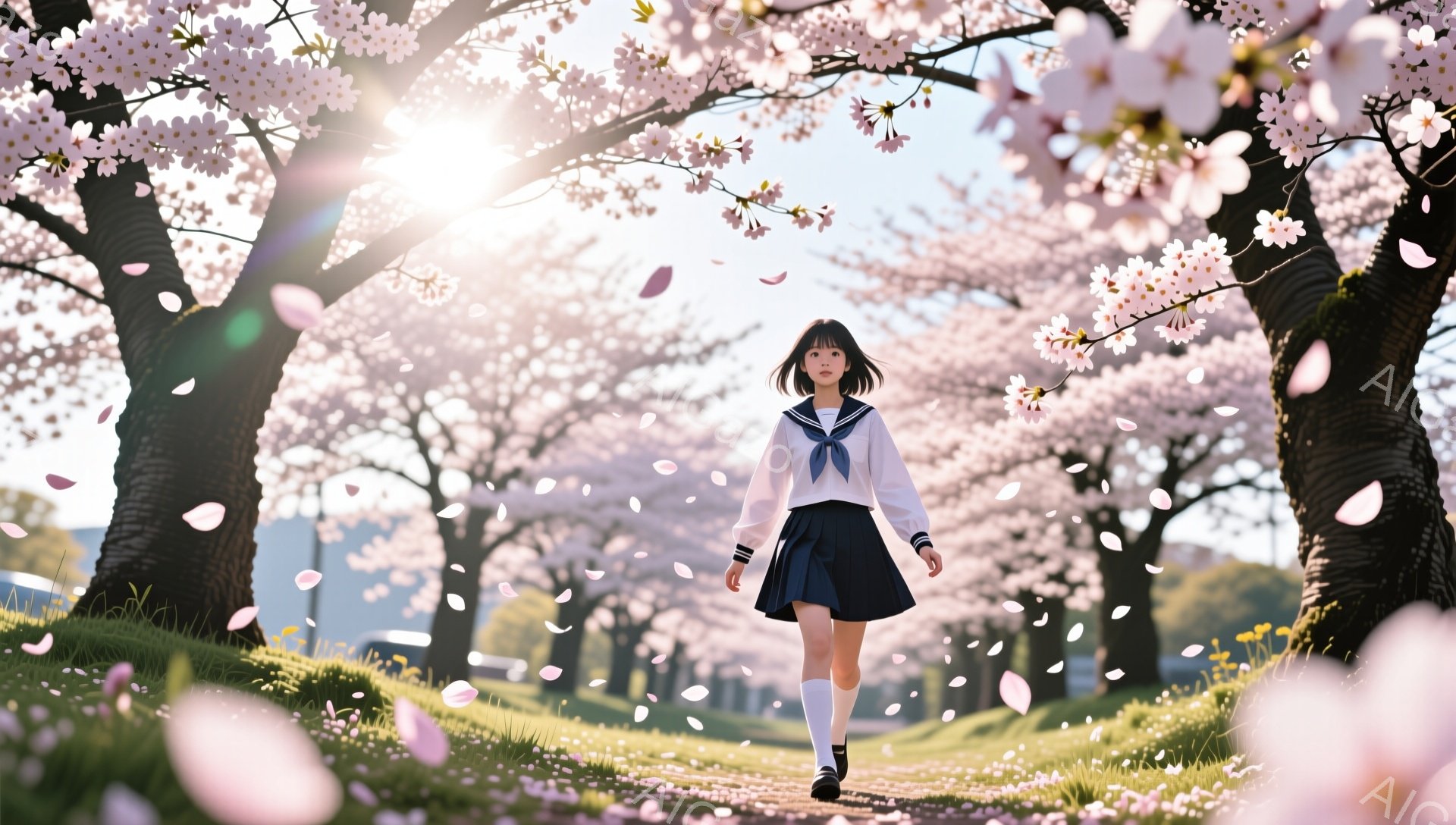 明るい春の日差しの中、セーラー服を着た少女が桜並木の中を歩いている。彼女は黒髪のロングヘアで、少し微笑んでいるように見える。背景には薄ピンクの桜の花びらが舞い、遠くには建物が見え、春の穏やかで美しい雰囲気を醸し出している。