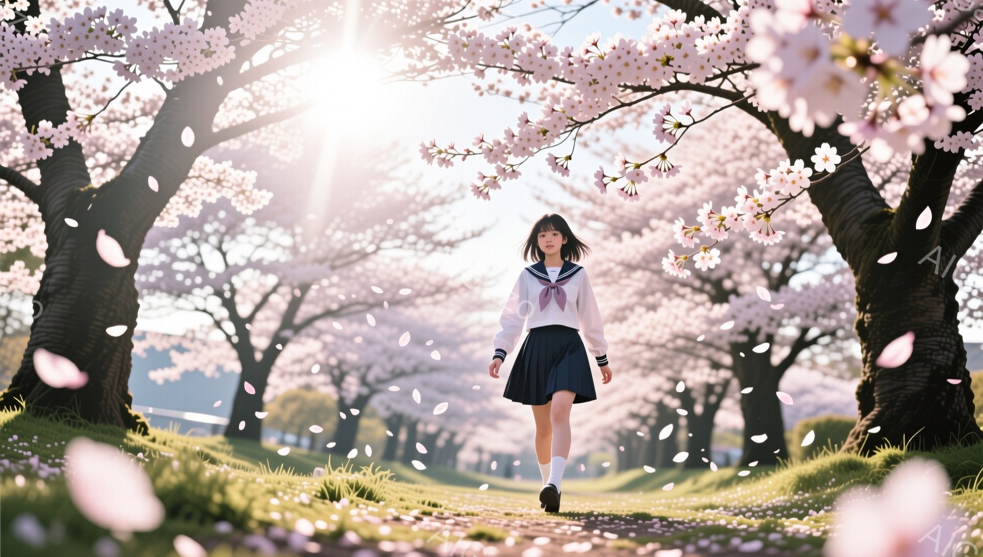 画像には、桜並木を歩く女子高生が写っています。彼女は白いブラウスに紺色のスカート、リボン付きのネクタイという制服を着ており、長い黒髪をセンターパートにしています。背景は満開の桜で、花びらが舞い散り、春 - AI生成フリー素材