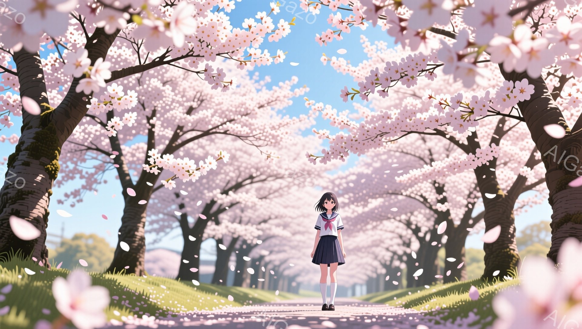 桜並木の中を、制服を着た少女が一人歩いている。彼女は黒髪で、前髪はぱっつんカット、表情は穏やかで少し微笑んでいるように見える。背景には、満開の桜並木が続き、ピンク色の花びらが舞い散り、青空が広がってい - AI生成フリー素材