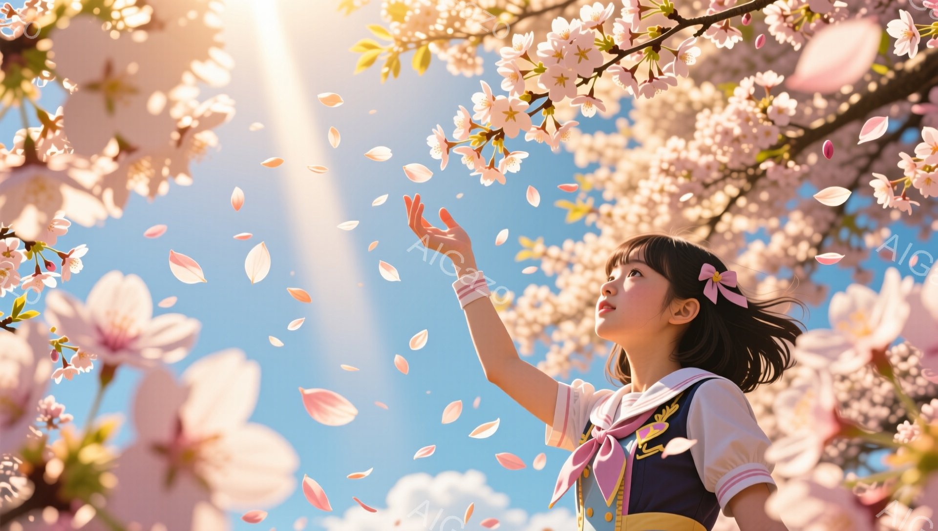 少女は桜の花びらが舞う中で、空を見上げて両手を伸ばしています。紺色のセーラー服に黄色いリボンが結ばれており、髪にはピンクのリボンが飾られています。背景には満開の桜並木と青空が広がり、春の暖かく幻想的な雰囲気が漂っています。