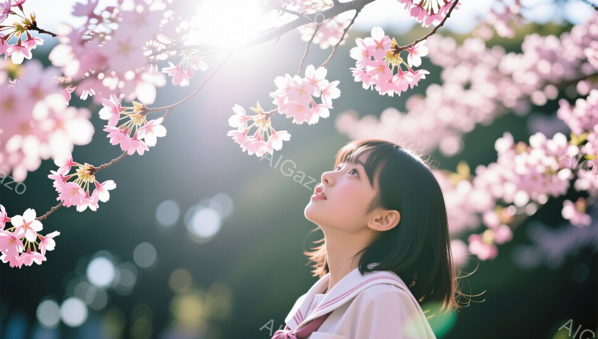 黒髪のボブカットの女性が、桜の花びらが舞う中で上を見上げています。彼女は制服を着ており、少し微笑んでいる表情は穏やかで希望に満ちています。背景には桜並木が広がり、柔らかな光が差し込み、春の暖かく幻想的 - AI生成フリー素材