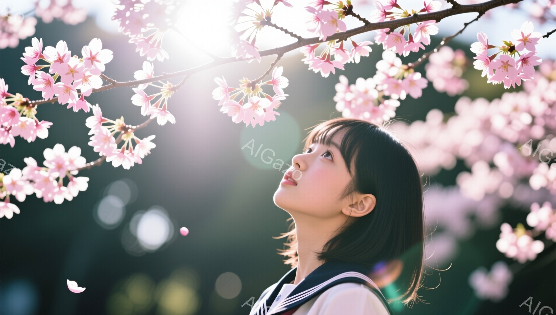 少女は制服を着て、桜の木の下で空を見上げています。彼女は黒髪で、前髪を少しだけカールさせています。背景には桜の花びらが舞い、春の暖かい日差しが差し込み、穏やかで美しい雰囲気を醸し出しています。 - AI生成フリー素材