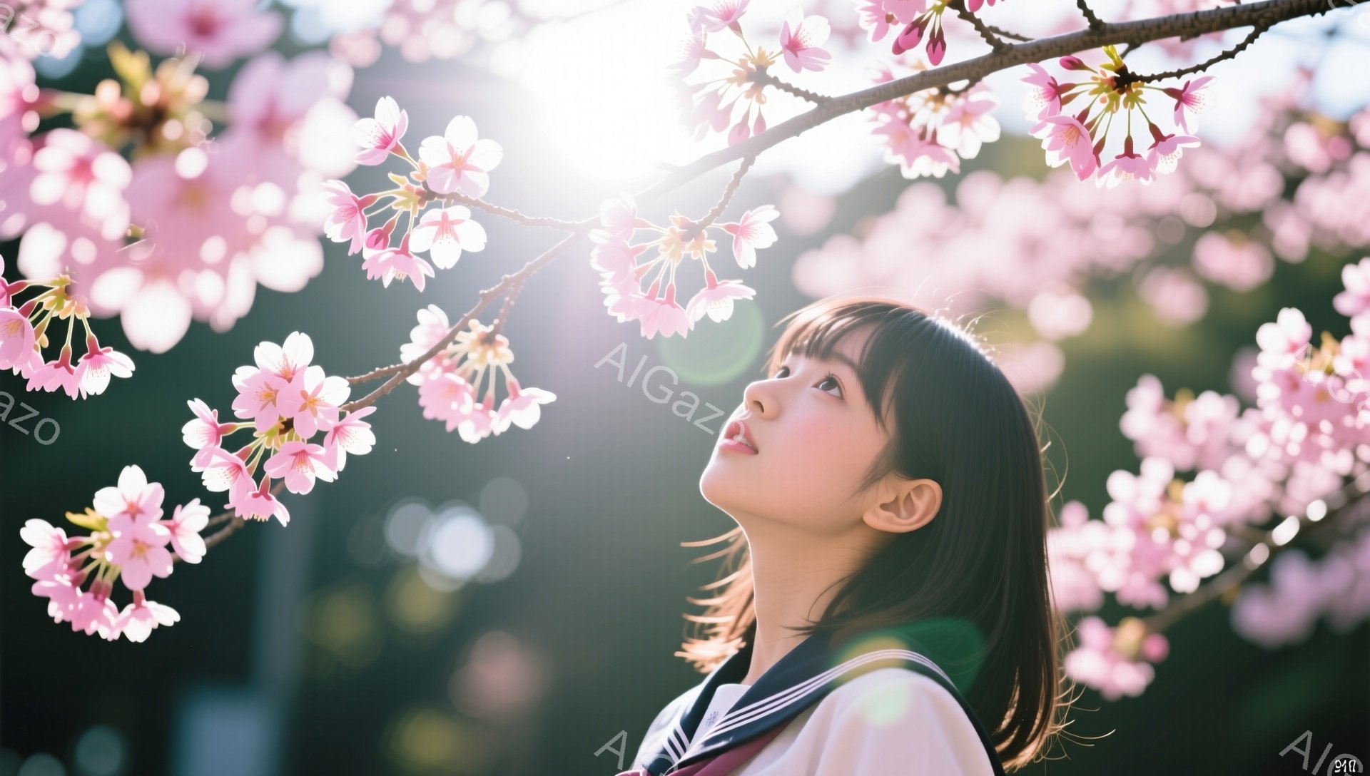 少女は制服を着て、桜の木の下で空を見上げています。彼女は長い茶色の髪で、少し微笑んだ優しい表情をしています。背景は満開の桜で、光が差し込み、春の暖かく穏やかな雰囲気を醸し出しています。 - AI生成フリー素材