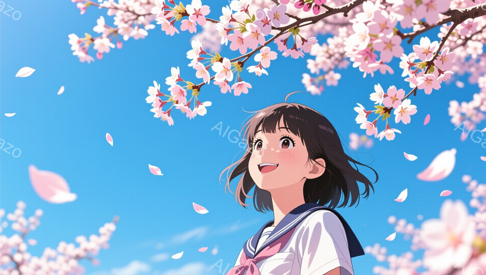 画像は、短い黒髪の少女が桜の木の下で空を見上げている様子を描いています。彼女はセーラー服を着ており、頬を赤らめて笑顔を浮かべています。背景には、満開の桜と青い空が広がり、舞い散る花びらが春の暖かく穏や - AI生成フリー素材