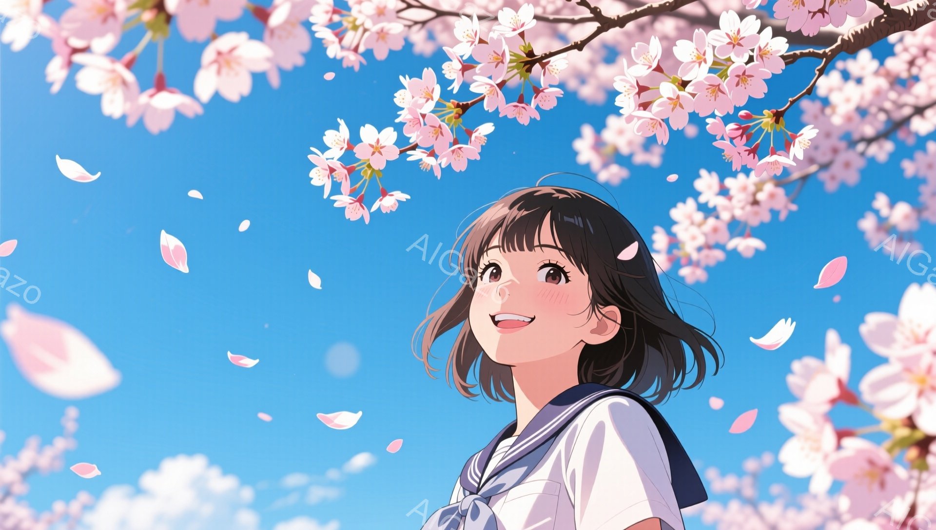 短い黒髪の少女が、制服姿で青空の下を見上げている。彼女は微笑んでおり、桜の花びらが舞い散る中で、幸福感に満ちた表情をしている。背景には桜の満開の木々と、明るい青空が広がり、春の暖かく穏やかな雰囲気を伝えている。