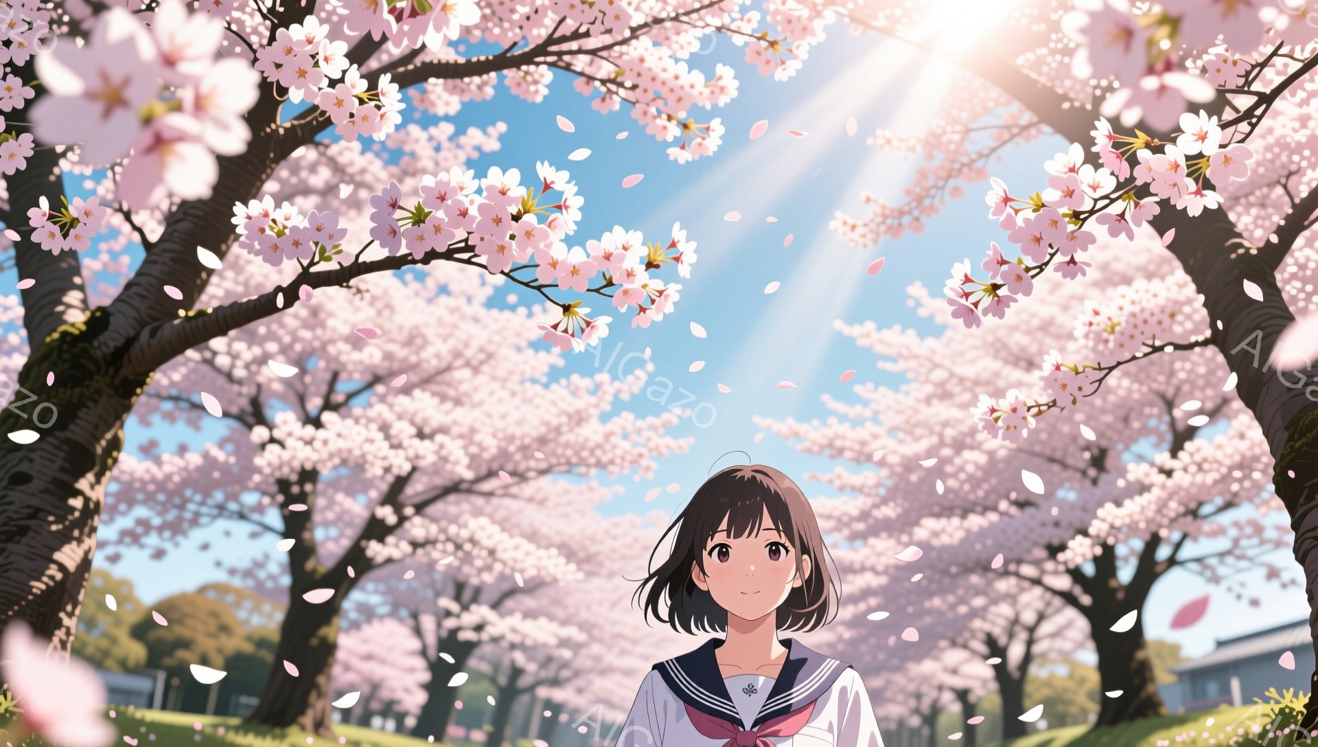 短い黒髪の少女が、セーラー服を着て立っている。彼女はまっすぐ前を見ており、少し微笑んでいる表情で、桜の花びらが舞う中、春の光に照らされている。背景には桜並木が広がり、遠くに建物が見え、晴れた空に太陽が - AI生成フリー素材