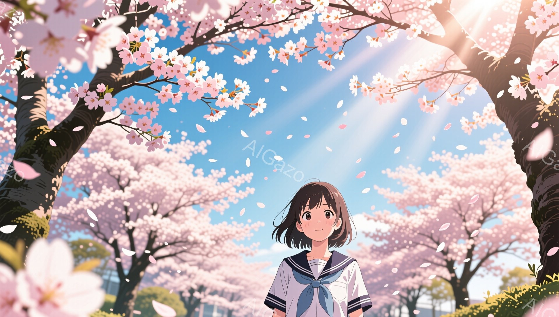 画像には、桜の花びらが舞う春の風景の中に立つ少女が描かれています。彼女は短い黒髪で、前髪は眉毛のあたりで切り揃えられています。制服を着ており、明るい表情で空を見上げています。 - AI生成フリー素材