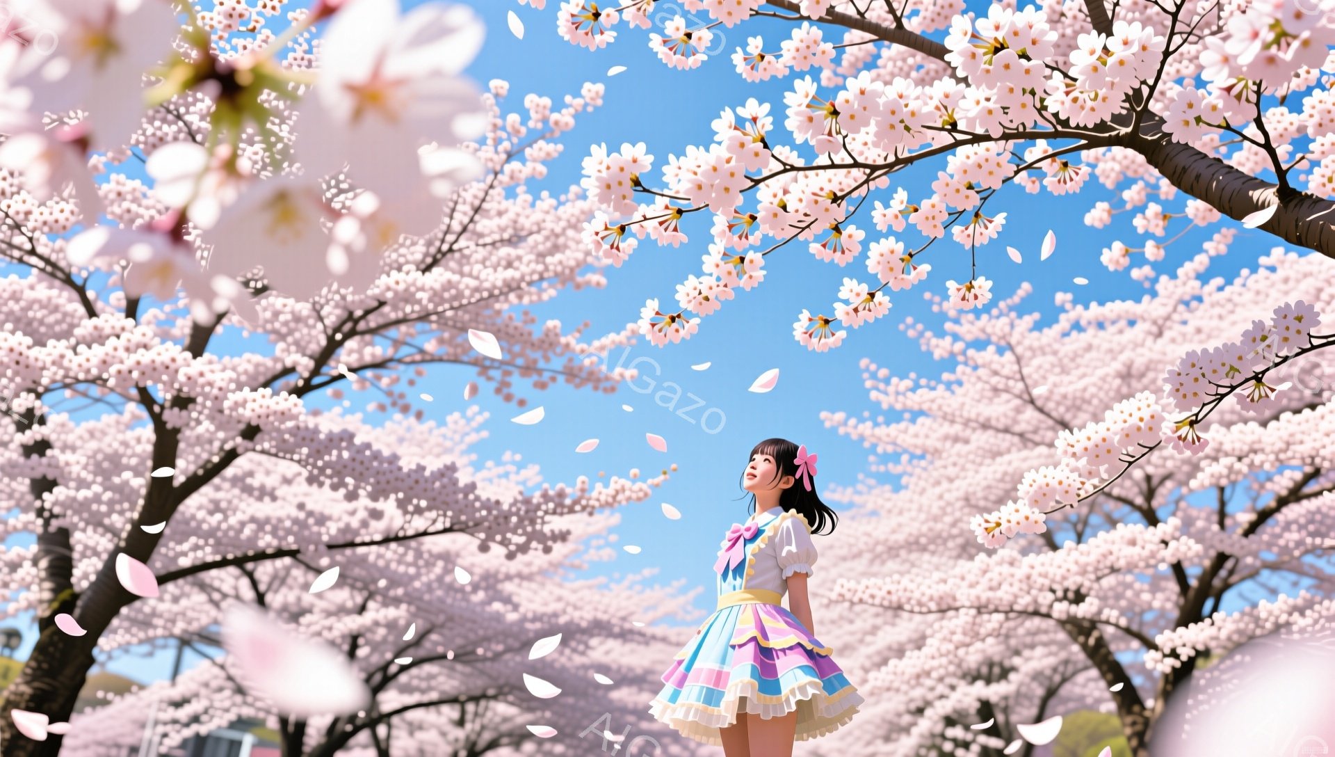明るい青空の下、桜並木の中で少女が立っている。パステルカラーのフリルが特徴的なワンピースに、リボンで結んだ茶色の髪が可愛らしい。彼女は顔を上に向けて微笑んでおり、舞い散る桜の花びらを浴びている様子から - AI生成フリー素材