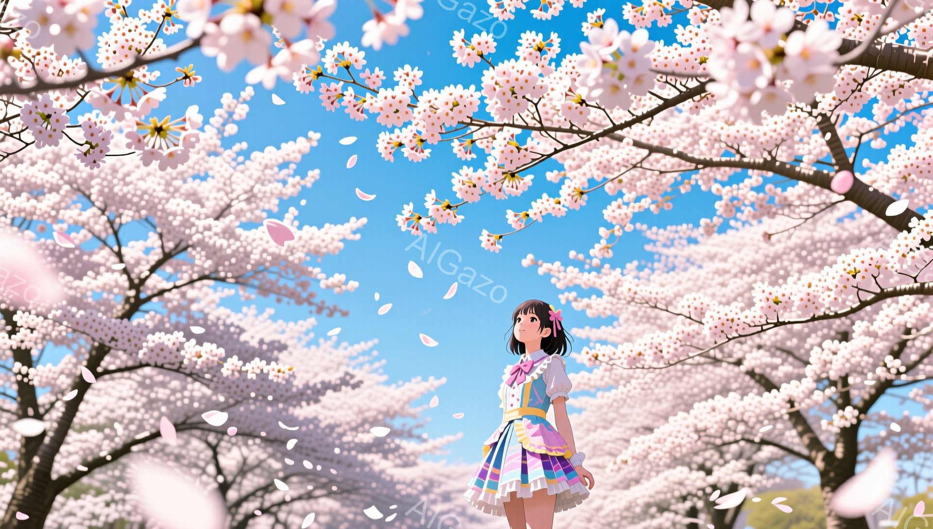 明るい青空の下、桜並木の中央で少女が立っている。彼女はクリーム色のブラウスに、カラフルなリボンとフリルが飾られたスカートを着用し、長い茶色の髪を後ろでポニーテールにしている。顔は上向きで、少し微笑んでいるような表情で、舞い散る桜の花びらを眺めている。