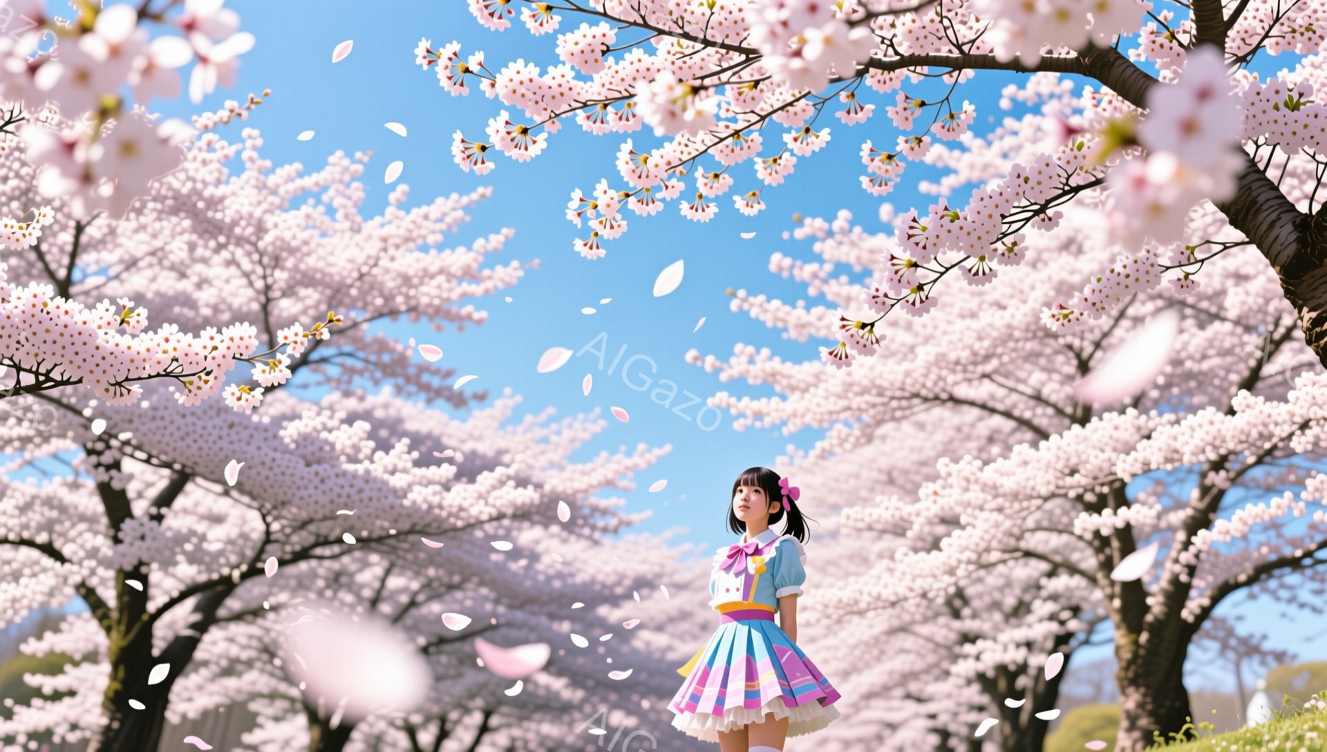 少女は、ピンクと水色のストライプのワンピースを着て、白いニーハイソックスと靴を履いています。彼女は黒い髪をツインテールにし、ピンクのリボンで飾っており、顔は少し下を向いて少し微笑んでいます。背景には、 - AI生成フリー素材