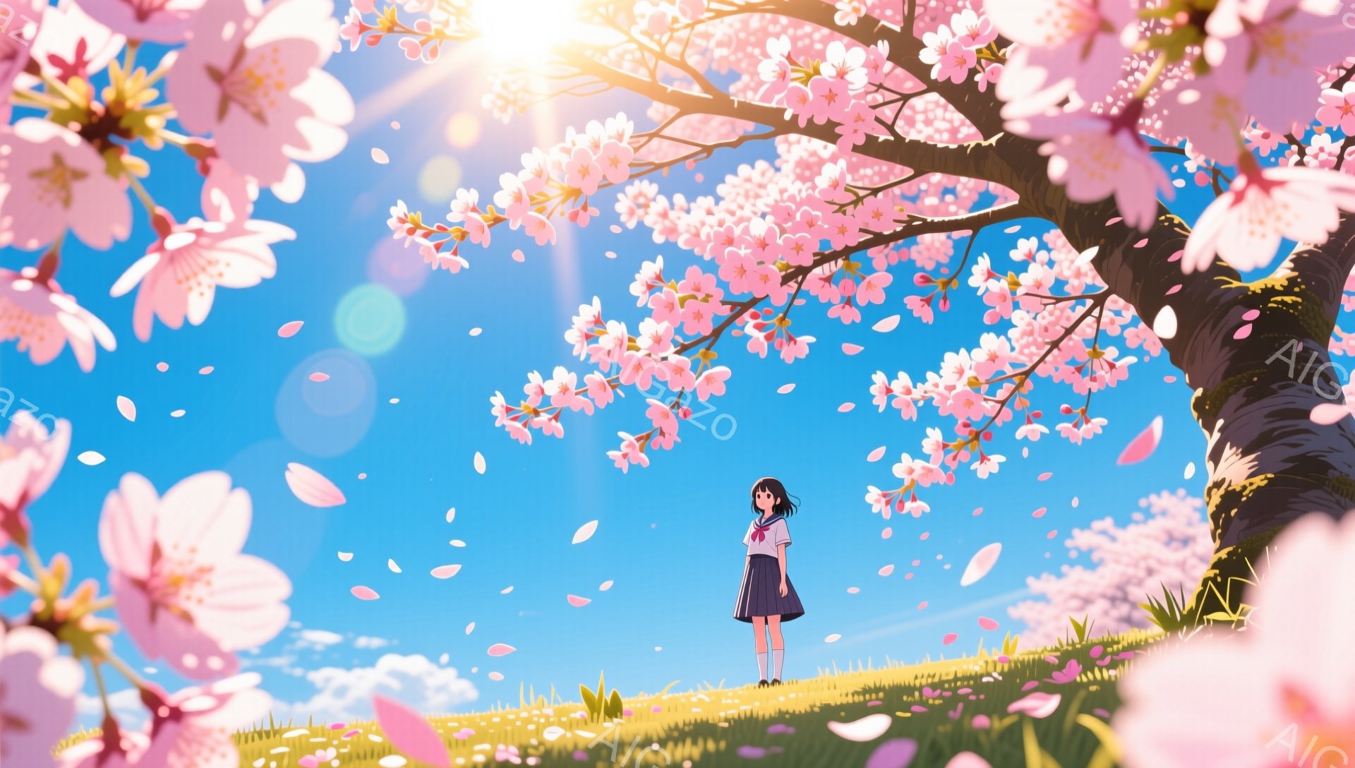 青空の下、桜の木の下に一人の少女が立っている。彼女は紺色のセーラー服を着ており、黒い髪を後ろで一つに結んでいる。桜の花びらが舞い散り、緑の丘が広がる、春の暖かい一日を表現している。
