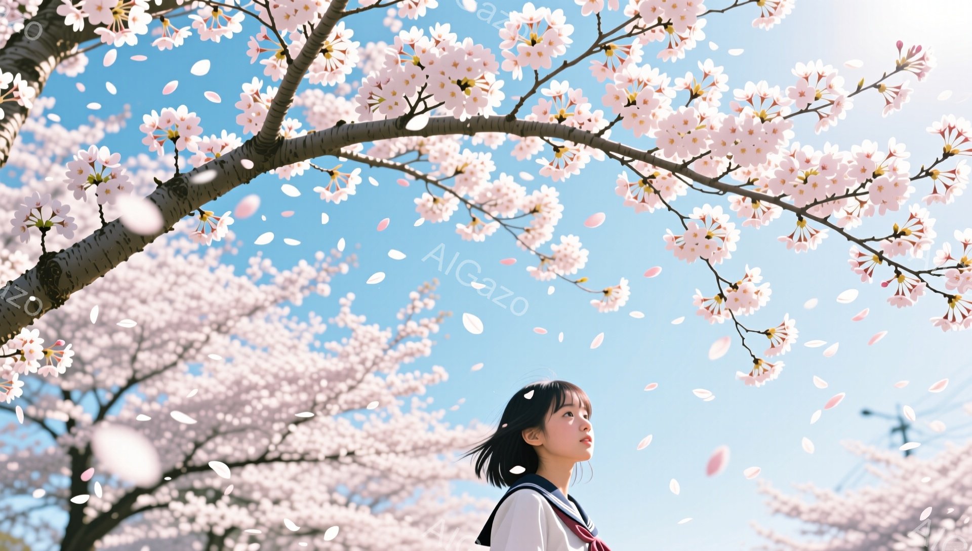 黒髪の短い髪をした若い女性が、桜並木の真下で上を見ている。紺色のセーラー服を着ており、背景には満開の桜並木と青空が広がり、花びらが舞い散っている。春の穏やかで希望に満ちた雰囲気が漂う、爽やかな一枚だ。 - AI生成フリー素材