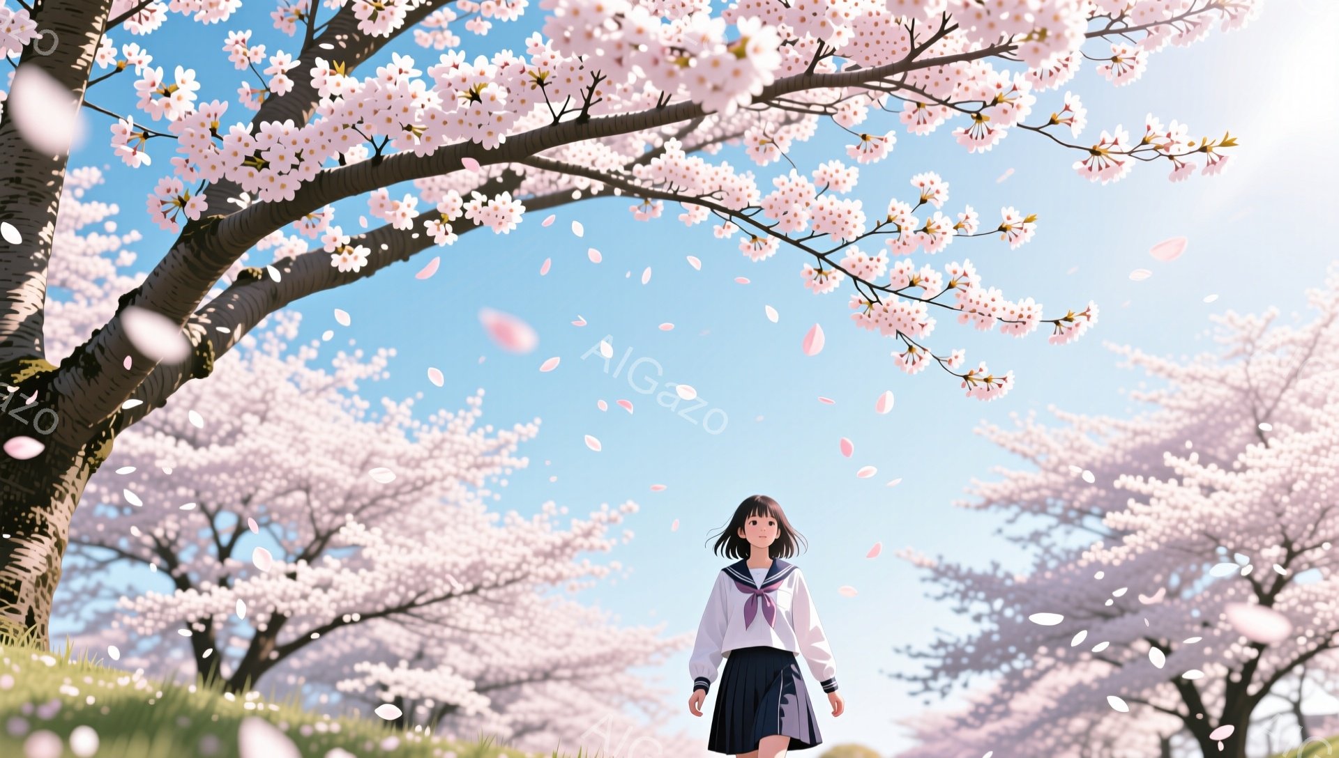 黒髪の少女が桜並木の道を歩いている。彼女はセーラー服を着ており、正面をまっすぐ見つめ、少し微笑んでいるように見える。背景には、満開の桜の木々が咲き乱れ、桜の花びらが舞い散る美しい春の風景が広がっている - AI生成フリー素材