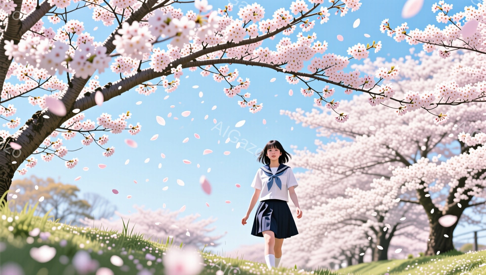 少女は、制服姿で桜並木の中を歩いている。紺色のリボンと白いブラウス、プリーツスカート、そして白い靴下を履いた彼女は、少し前かがみになり、どこか物憂げな表情をしている。背景には、満開の桜が咲き誇り、花びらが舞い散る、春の暖かな光景が広がっている。