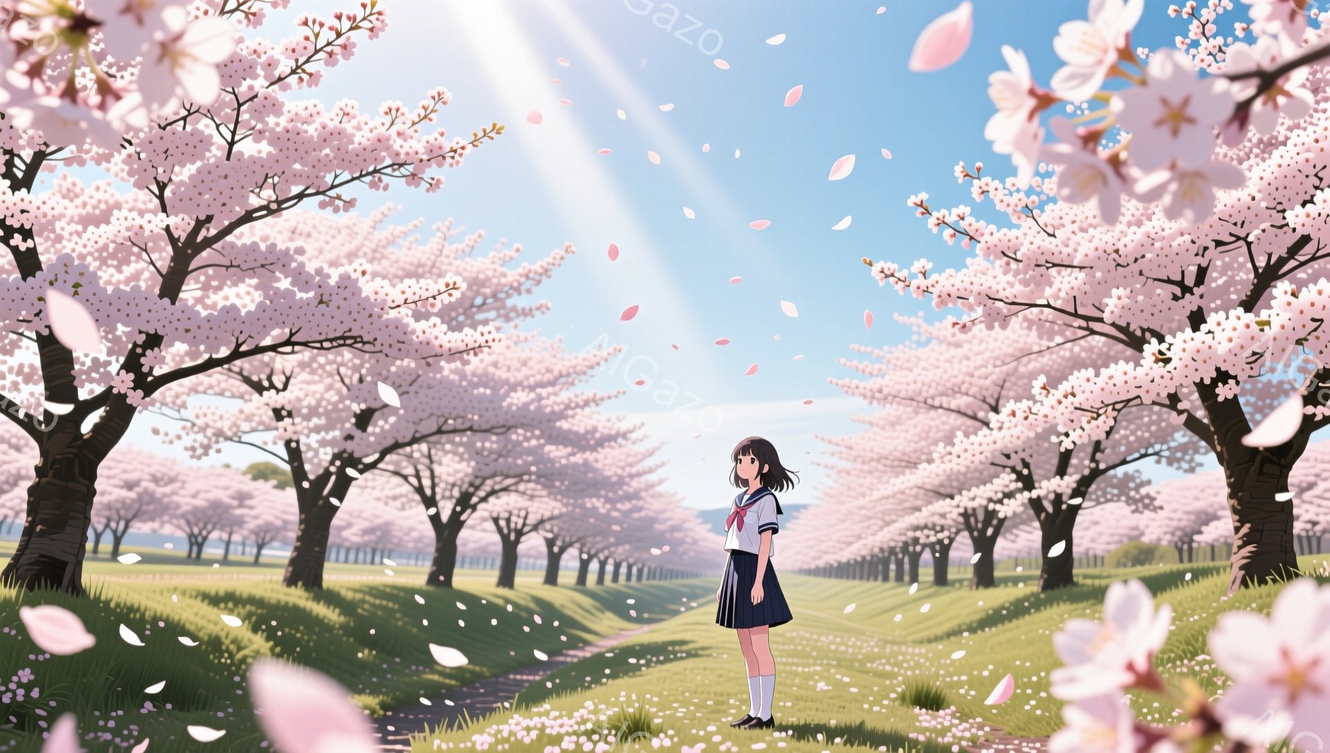 画像には、桜並木の中を歩く女子高生が描かれています。彼女はセーラー服を着ており、黒髪のショートボブです。背景は満開の桜並木で、足元には桜の花びらが舞い、暖かい日差しが差し込んでいます。