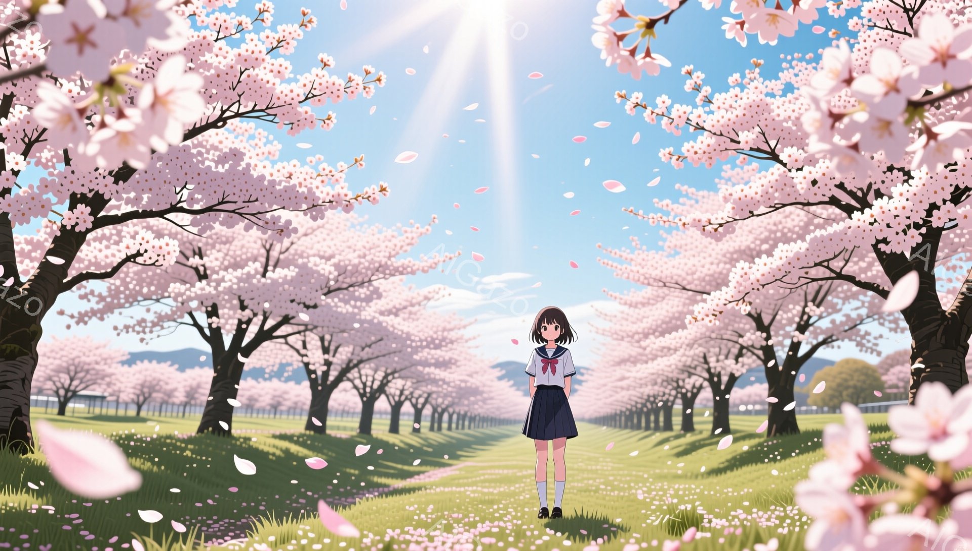 画像には、桜並木の中央に立つ女子高生が描かれています。彼女は黒髪のボブヘアで、セーラー服を着ており、少し微笑んでいるように見えます。背景は満開の桜並木で、地面には花びらが舞い、青空と太陽が暖かく穏やか - AI生成フリー素材