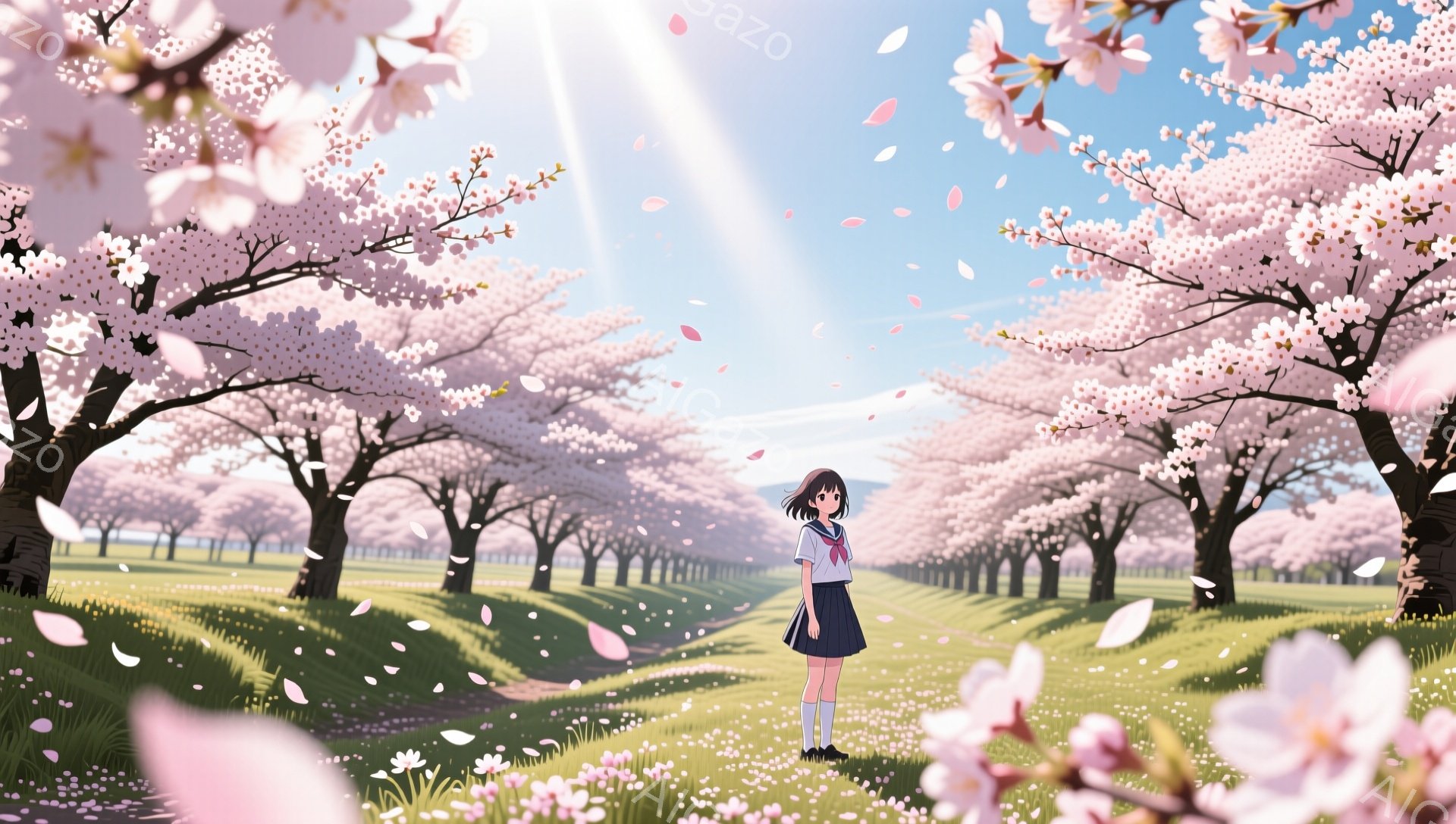 短い黒髪の少女が、桜並木の緑の草原の中に立っている。彼女はセーラー服を着ており、白い膝下ソックスと黒い靴を履いている。桜の花びらが舞い散る中、彼女は前を見つめ、わずかに微笑んでいるように見える。 - AI生成フリー素材