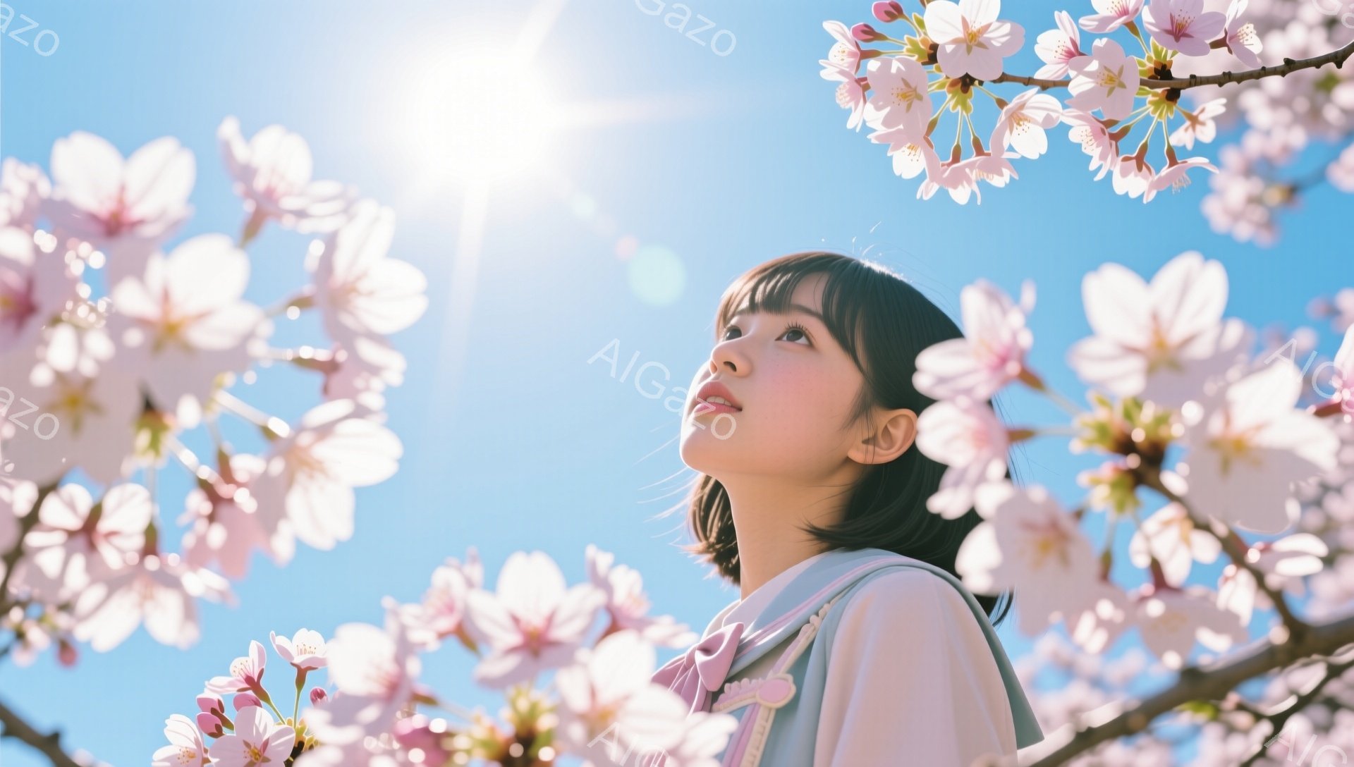 若い女性が桜の満開の木の下で上を見ている。彼女はセーラー服を着ており、短くダークなヘアスタイルで、少し微笑んでいる表情をしている。背景は晴れた青空で、桜の花びらが画面の周りに散りばめられており、春の暖 - AI生成フリー素材