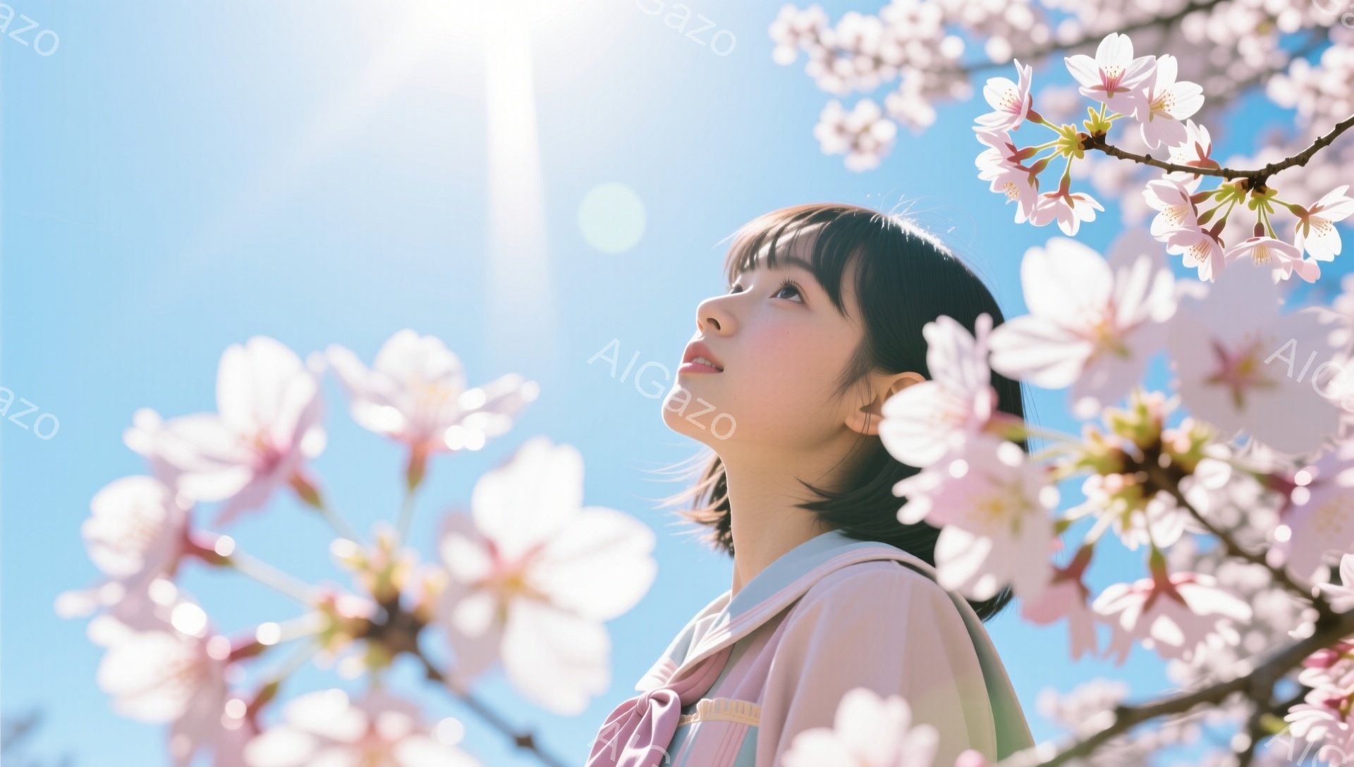 少女は桜の花びらが舞う中で、空を見上げています。彼女は短いボブヘアで、ピンクがかった白いブラウスと何かの制服のような服を着ています。背景には青空と満開の桜並木が広がり、春の暖かく、希望に満ちた雰囲気が - AI生成フリー素材