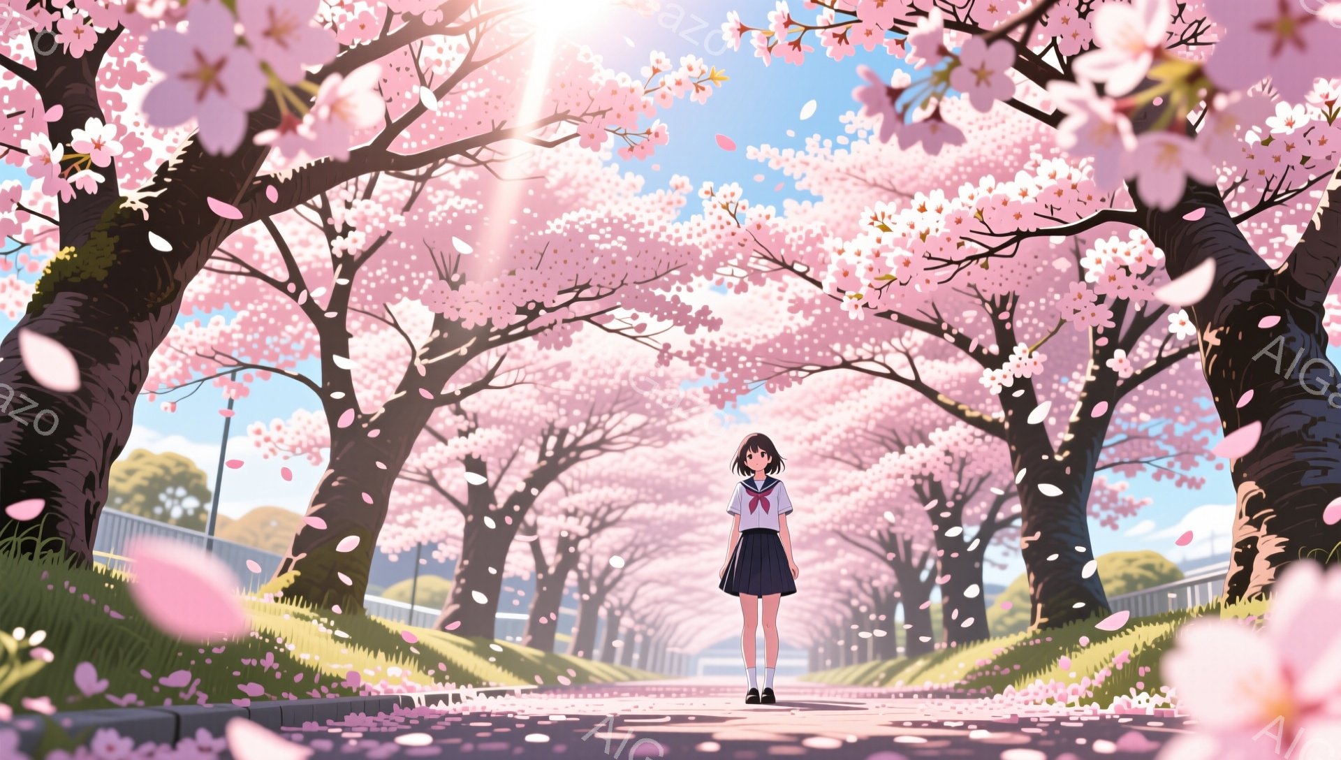 画像には、桜並木の中を歩く女子高生が描かれています。彼女はセーラー服を着ており、黒髪を肩まで伸ばし、前髪を少しだけ分けています。背景は満開の桜並木で、ピンク色の花びらが舞い散り、明るい日差しが差し込み - AI生成フリー素材