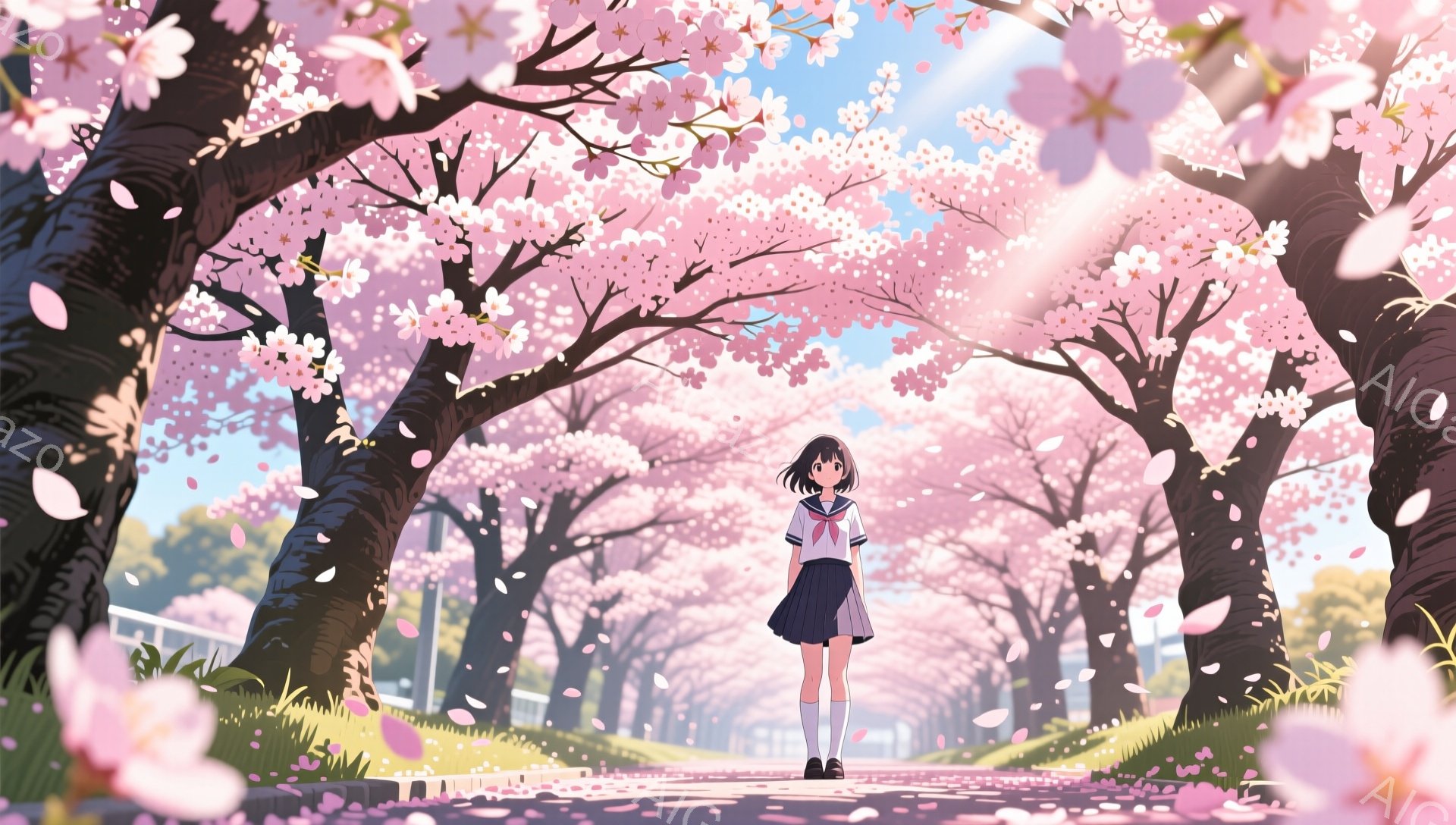 少女は制服姿で、桜並木の中央をまっすぐ歩いている。彼女は黒髪のボブカットで、少し微笑んでいるように見える。背景には、満開の桜並木と、ぼんやりと見える建物があり、春の暖かく穏やかな雰囲気を醸し出している - AI生成フリー素材