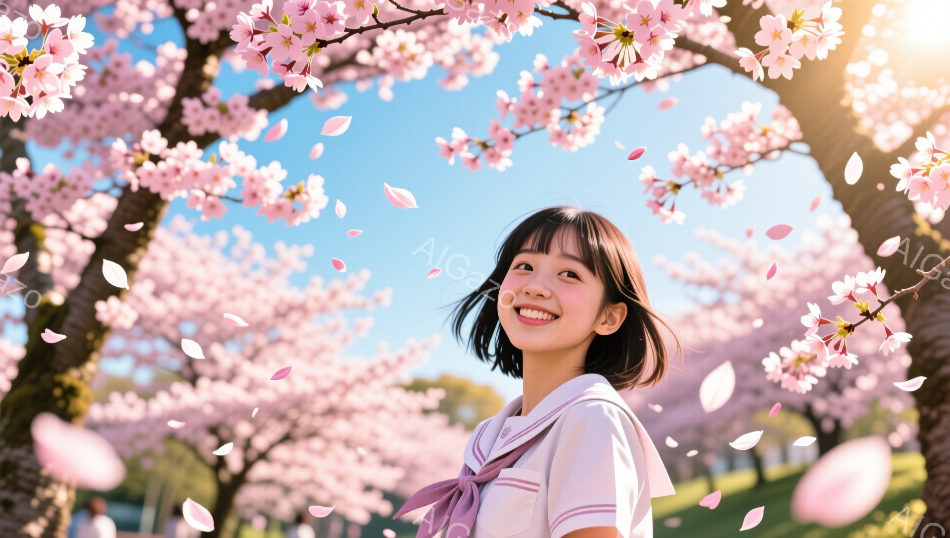 ショートカットで笑顔の少女が、桜並木の道を歩いている。 制服姿で、ピンク色のネクタイがアクセントになっている。背景には、満開の桜並木が広がり、舞い散る花びらが春の暖かな雰囲気を演出している。 - AI生成フリー素材