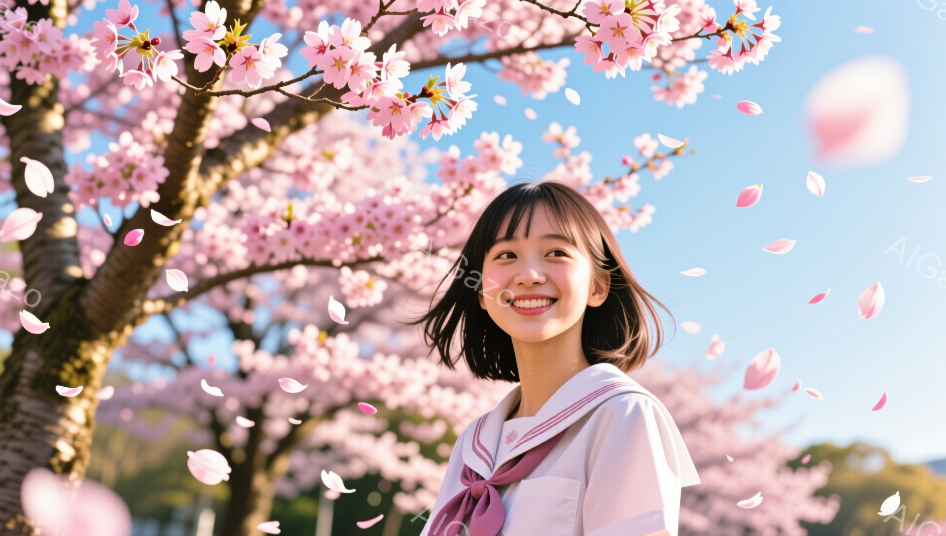 短い黒髪の少女が、桜並木の下で笑顔で立っています。紺色のリボンと白いブラウスが特徴の制服を着ており、春の訪れを感じさせる明るい雰囲気です。背景には、満開の桜が咲き誇り、ピンク色の花びらが舞い散る、穏や - AI生成フリー素材