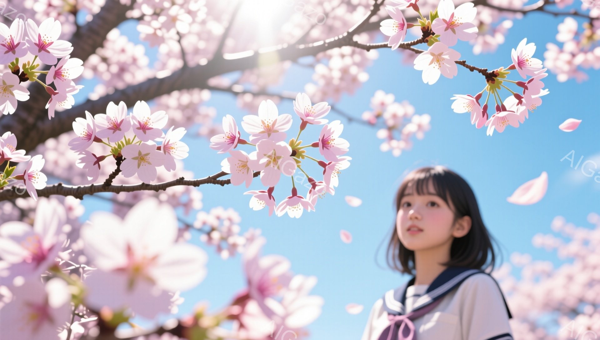 黒髪の短いボブヘアの少女が、桜並木の下で少し上を見上げている。紺色のセーラー服を着ており、表情は穏やかでどこか物憂げだ。背景には、満開の桜の花びらが舞い、青空が広がり、春の暖かく優しい雰囲気が漂っている。