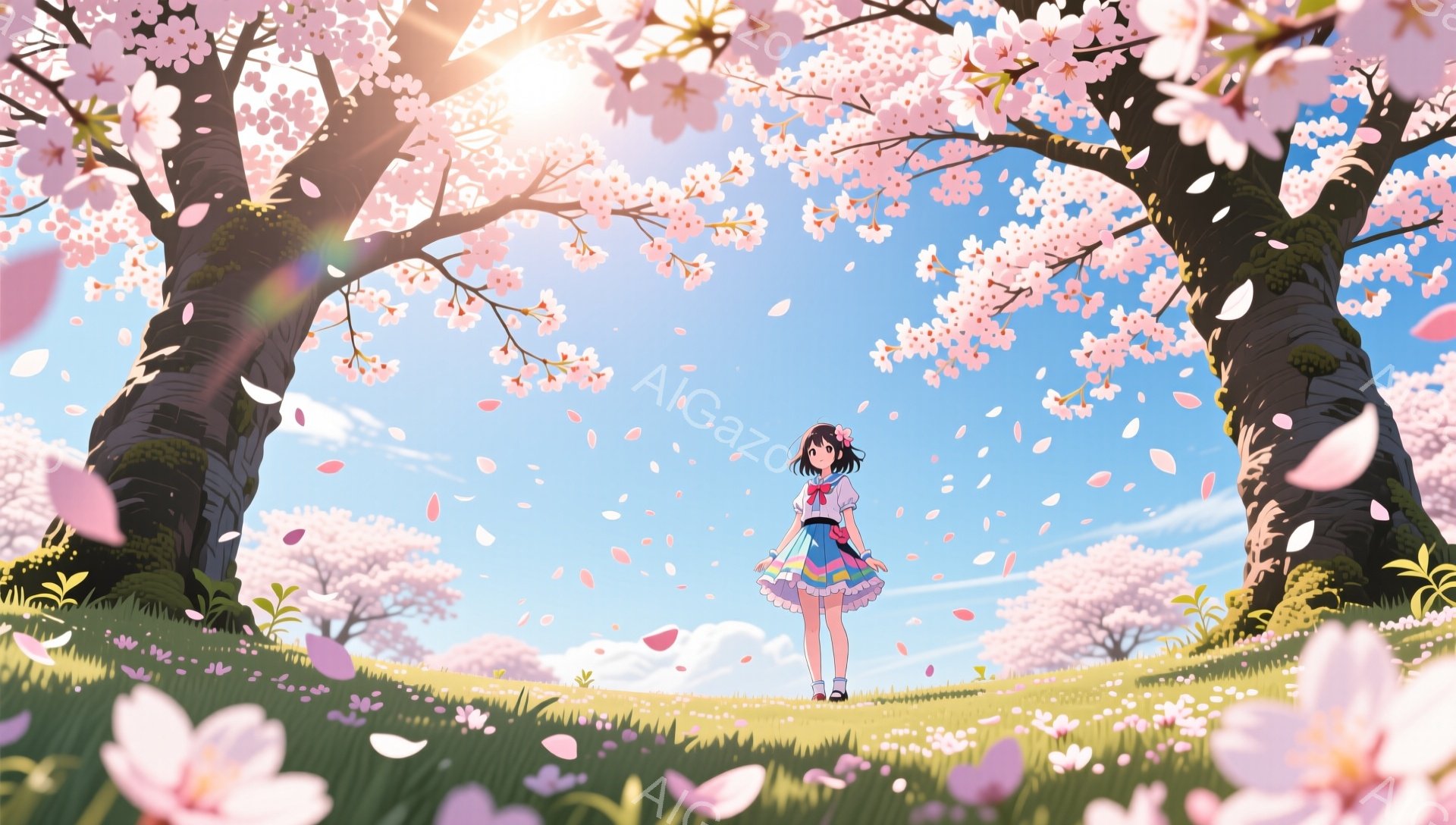明るい青空の下、桜並木の中に少女が立っている。彼女は紺色のリボンと白い髪飾りをつけ、ピンクと白のフリルがついた可愛らしいワンピースを着て、満開の桜の花びらが舞う草原に立っている。背景には、桜の木々が咲 - AI生成フリー素材
