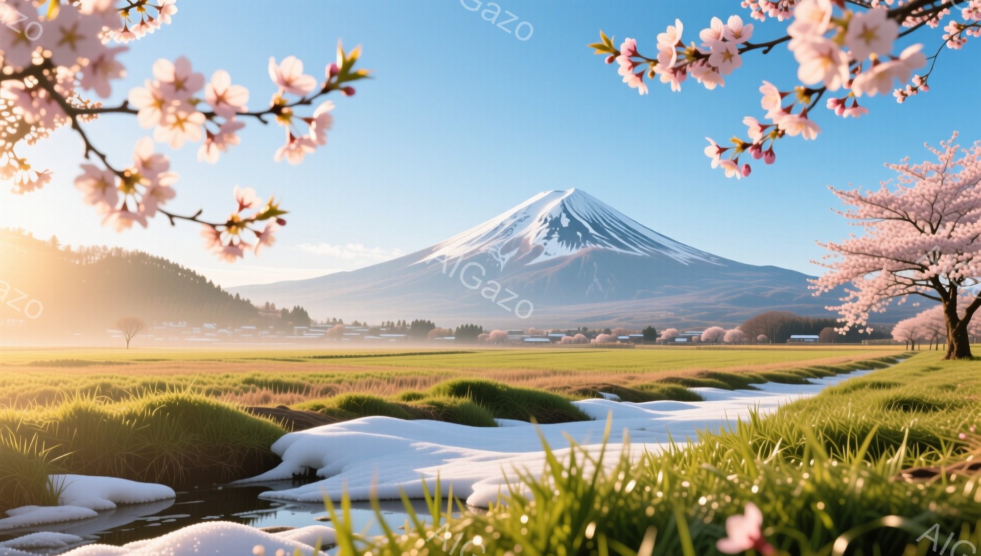 富士山が雪を抱き、その裾野には緑の草原が広がり、遠くには小さな村が見えます。川の流れと融け始めた雪が春の訪れを感じさせ、空は穏やかな青色で、全体的に平和で美しい雰囲気です。桜の木が咲き誇り、春の息吹が - AI生成フリー素材