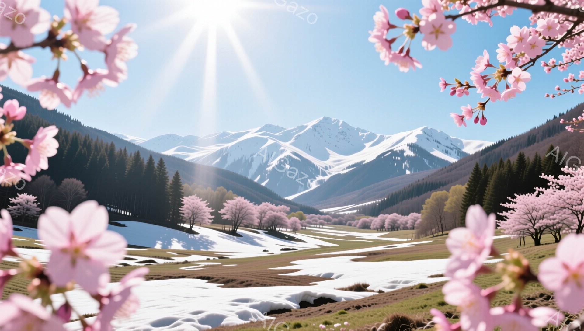 雪を抱く山々と、ピンク色の桜が咲き誇る牧歌的な風景が広がっています。遠くには白い山並みが連なり、手前にはまだ雪が残る草原と、桜並木が春の訪れを告げています。太陽の光が降り注ぎ、暖かく穏やかな雰囲気が漂 - AI生成フリー素材