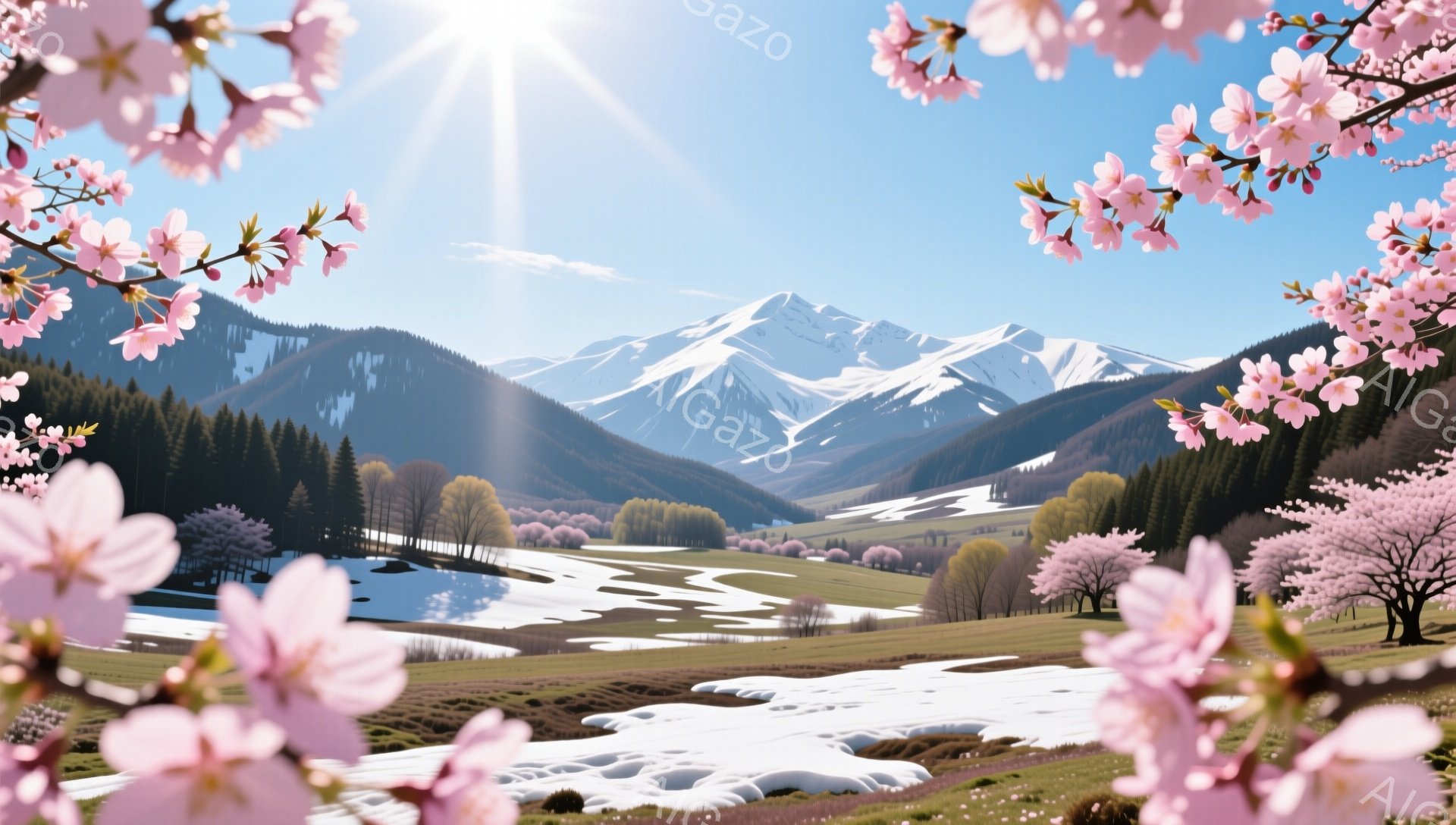 雪を抱く山々と緑の牧草地が広がる風景が、桜の額縁の中に描かれている。遠くには雪山が連なり、手前には川が流れ、桜の木々が点在して春の訪れを告げている。全体的に穏やかで希望に満ちた、美しい春の情景である。 - AI生成フリー素材