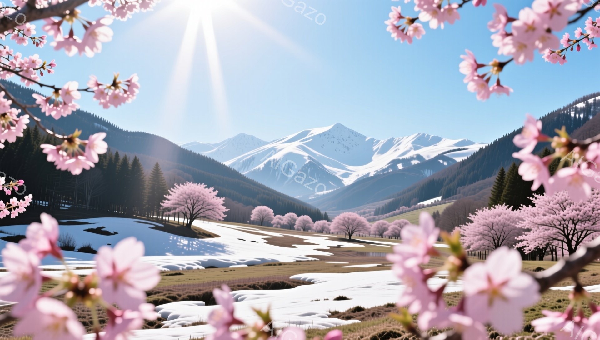 広大な雪景色の中に、ピンク色の桜が咲き誇る美しい風景が広がっている。遠くには雪を抱いた山々が連なり、手前に咲く桜が春の訪れを告げているような、希望に満ちた雰囲気が漂う。桜の花びらが画面の縁を飾り、まるで絵画のような幻想的な光景を作り出している。