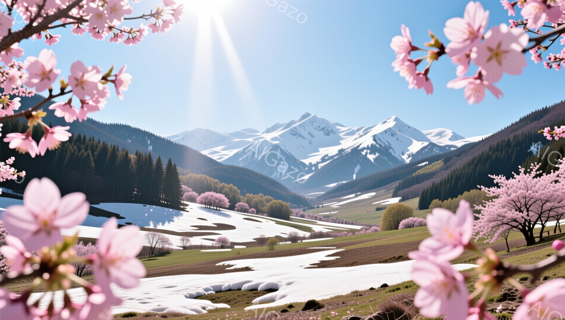 雪を抱いた山々と緑の牧草地が広がる美しい風景です。ピンク色の桜の花が前景を彩り、春の訪れを告げています。太陽の光が差し込み、暖かく穏やかな雰囲気を醸し出しています。 - AI生成フリー素材
