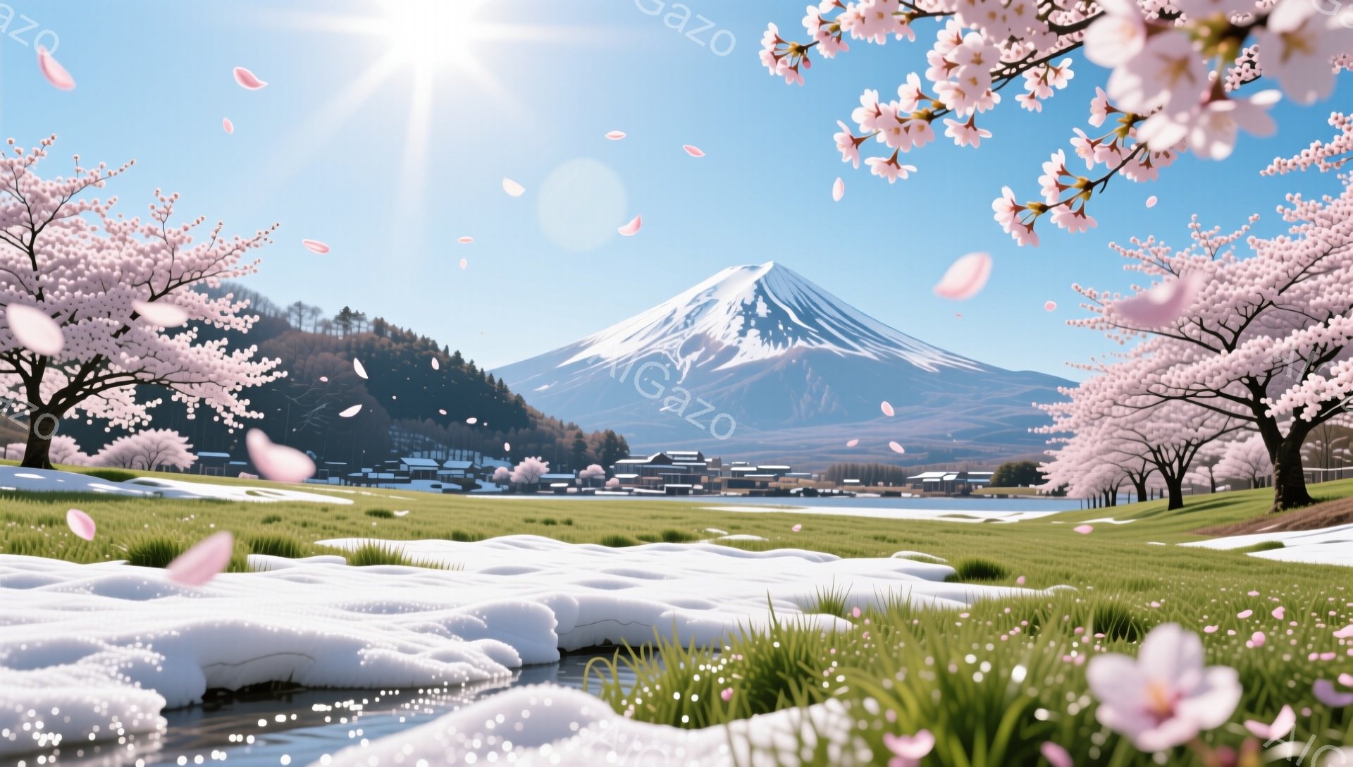 富士山を背景に、春の風景が広がる。ピンク色の桜の花びらが舞い散り、緑の草原と白い雪が残る風景が美しいコントラストを生み出している。遠くには小さな村が見え、穏やかで平和な雰囲気が漂う。 - AI生成フリー素材