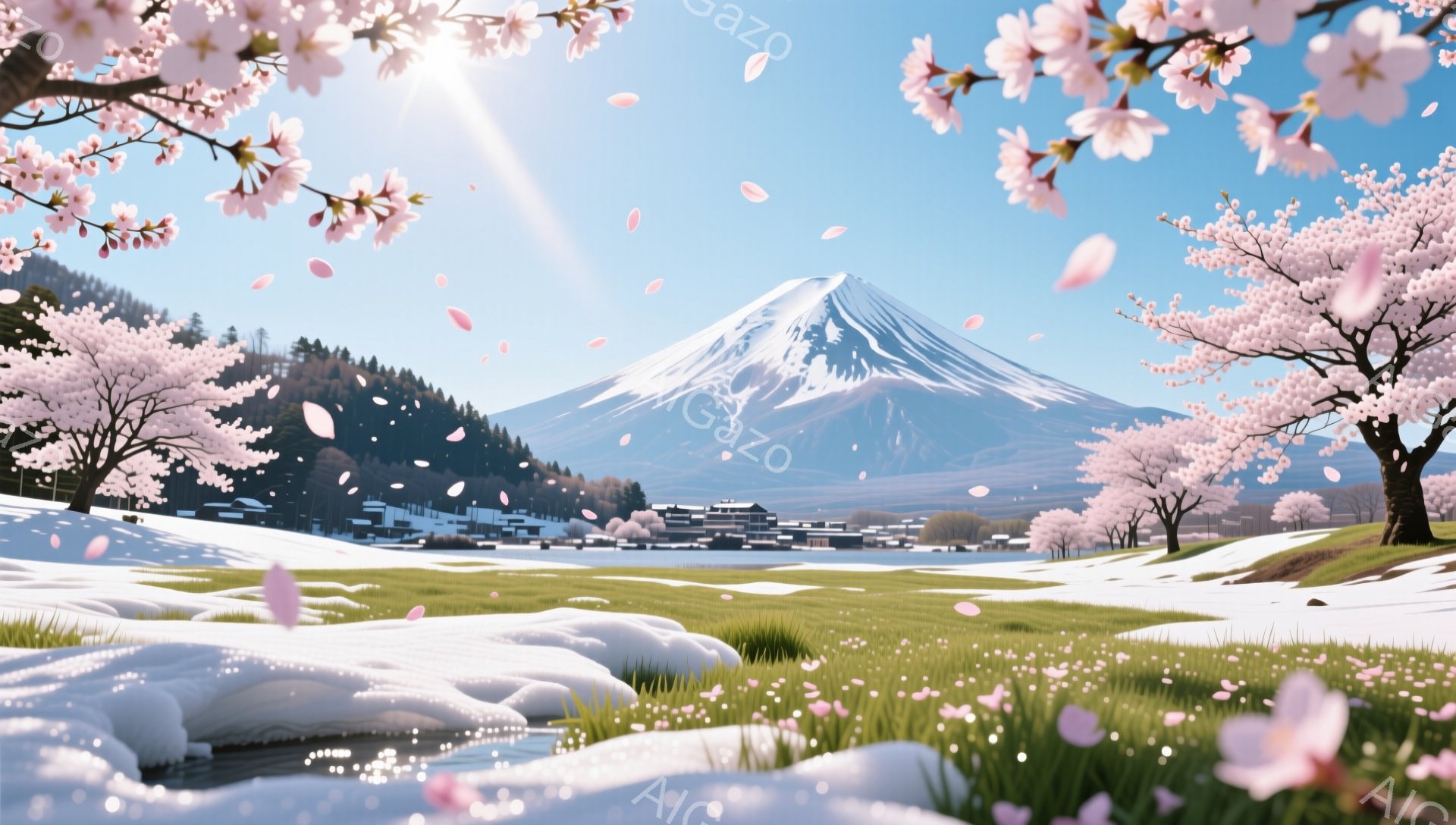 富士山を背景に、桜の花びらが舞う春の風景が描かれています。緑の草原と雪解けの小川が広がり、遠くには日本の伝統的な家屋が並びます。全体的に穏やかで、希望に満ちた雰囲気です。