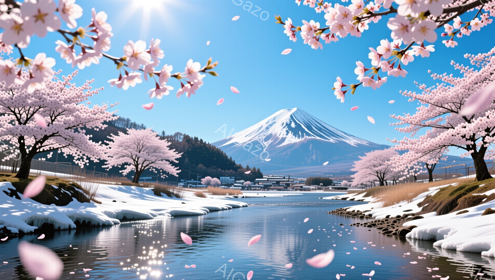 富士山を背景に、桜が咲き誇る川辺の風景が広がっている。雪解け水が流れ、川岸にはピンク色の桜の花びらが舞い散り、春の訪れを告げている。遠景には、小さな村と雪を抱く山々が望め、穏やかで詩的な雰囲気が漂う。