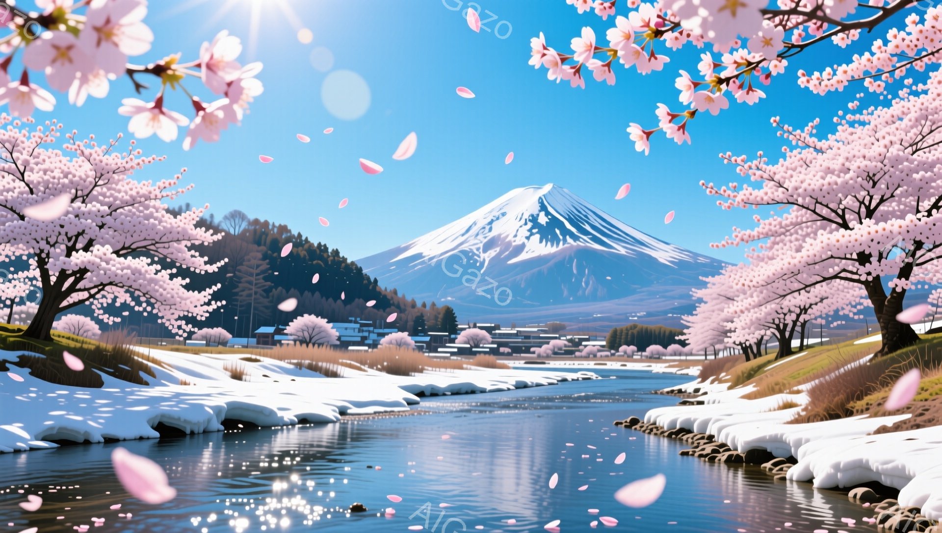 富士山を背景に、桜が満開の美しい風景が広がっています。雪解け水が流れる川沿いには、ピンク色の桜の花びらが舞い散り、穏やかで幻想的な雰囲気を醸し出しています。遠くには小さな村と雪を抱く山々が広がり、春の - AI生成フリー素材