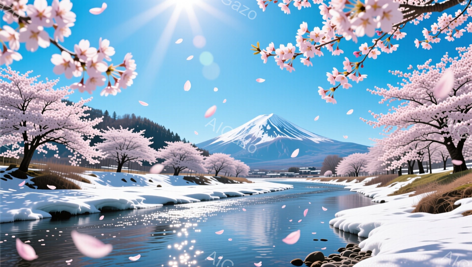 富士山を背景に、桜並木と雪解け水が流れる風景が広がっています。川は穏やかに流れ、桜の花びらが舞い、春の訪れを告げています。雪が残る地面と青空とのコントラストが美しく、穏やかで平和な雰囲気を醸し出しています。