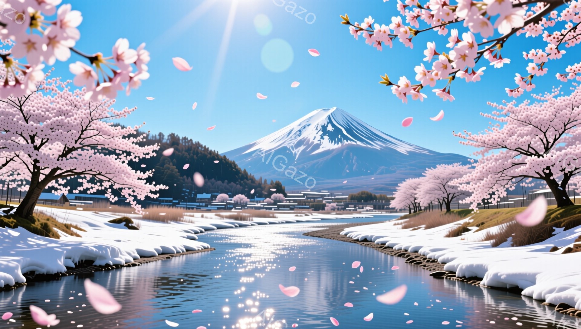 富士山を背景に、桜並木と雪景色が広がる美しい風景です。川は穏やかに流れ、桜の花びらが舞い散り、春の訪れを感じさせます。手前に描かれた桜の木は満開で、背景の街並みと雪山とのコントラストが印象的です。