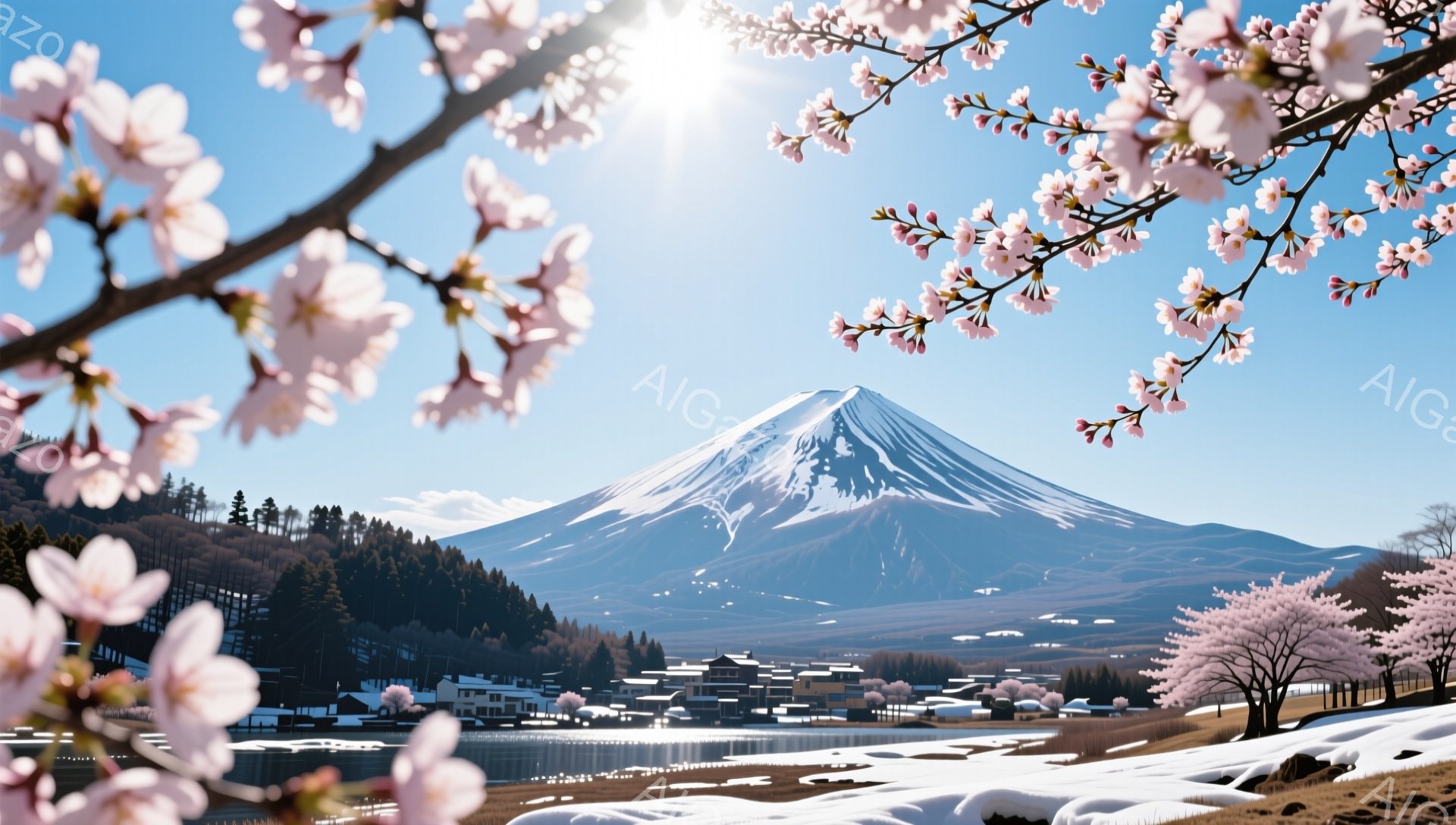 富士山の壮大な景色が広がっています。雪を抱いた山は青空を背景にそびえ立ち、麓には可愛らしい家々が並び、冬の田園風景が広がっています。手前に咲き誇る桜の花が、春の訪れを感じさせる暖かく美しい雰囲気を醸し - AI生成フリー素材