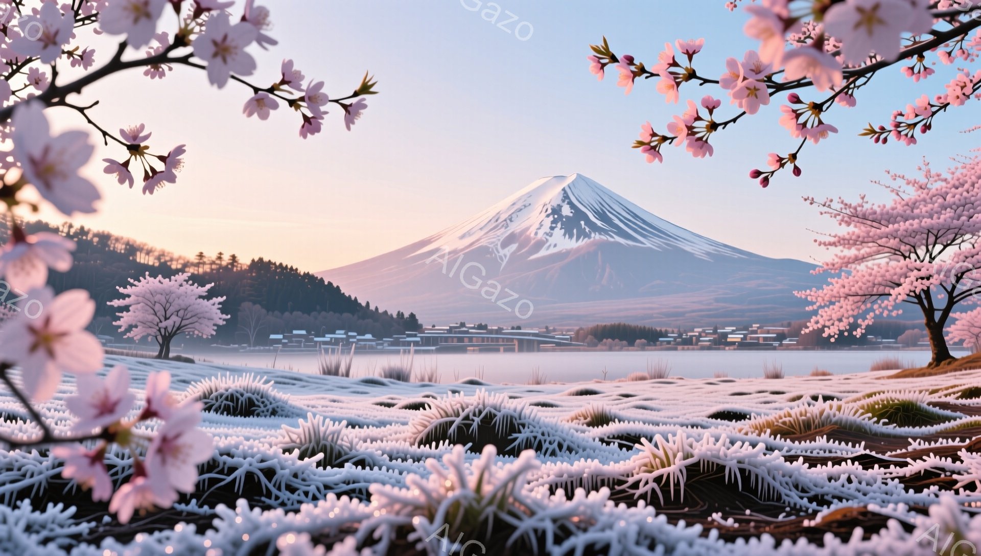 富士山の荘厳な姿が、穏やかな湖面に映り込み、雪化粧をまとう山肌は、朝日によって淡いピンク色に染まっている。湖畔には霜柱が立ち並び、手前に咲き誇る桜が春の訪れを告げ、背景の建物と自然が調和した静寂で美し - AI生成フリー素材