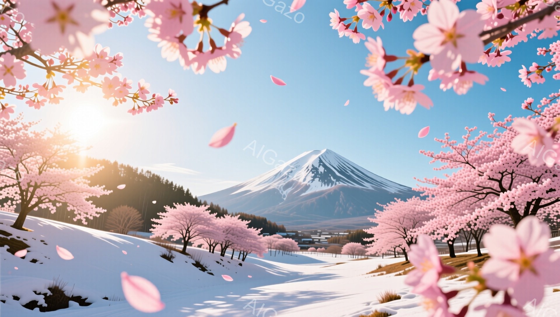 遠くに見える雪を抱く富士山を背景に、桜並木が咲き誇る冬の風景です。白い雪原と、ピンク色の桜の花びらが舞い散るコントラストが美しい春の訪れを感じさせます。穏やかな陽光が降り注ぎ、平和で静寂な雰囲気を醸し - AI生成フリー素材