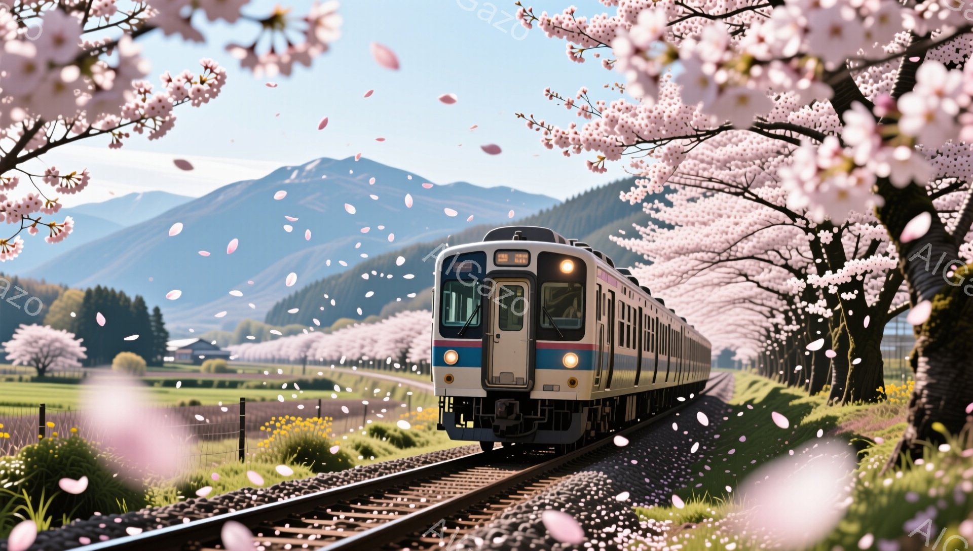 青い鉄道車両が、桜並木の中を走っている風景です。背景には緑豊かな田園風景と、遠くの山々が広がっており、春の穏やかな日差しが降り注いでいます。舞い散る桜の花びらが、列車と風景を優しく包み込み、幻想的な雰 - AI生成フリー素材