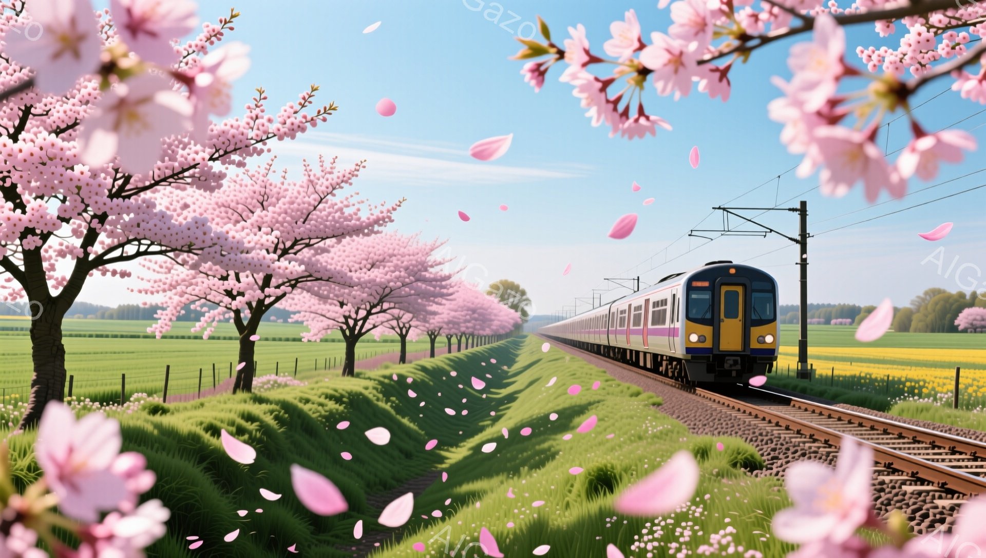 満開の桜並木が続く田園地帯を、紫と黄色の列車が走っている風景です。鮮やかな緑の草地と黄色い菜の花畑が広がり、桜の花びらが舞い散る春の暖かな雰囲気が伝わってきます。青空の下、穏やかな春の日の情景が美しい - AI生成フリー素材